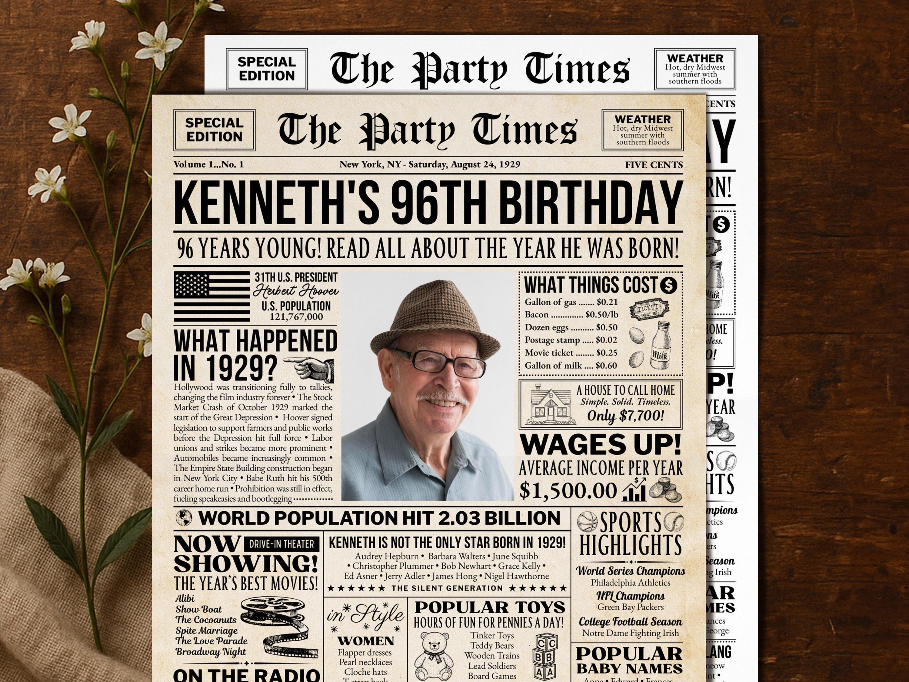 96th Birthday Newspaper Poster Sign, Born In 1929 Birthday Milestone Keepsake Gift, Editable Party Decorations Printable, Edit With Canva