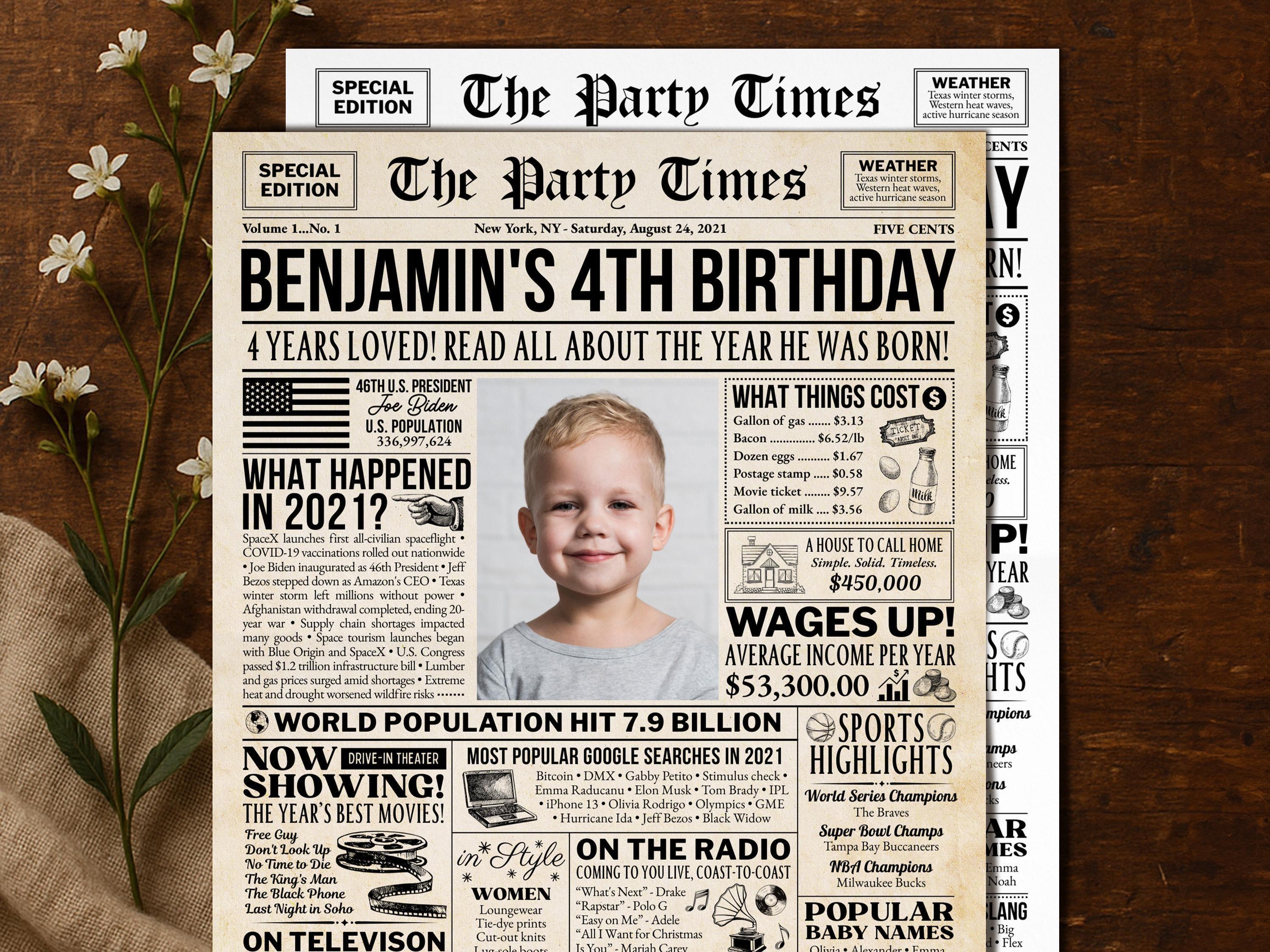 4th Birthday Newspaper Poster, Back in 2021 Sign, Editable 4 Years Loved, Born In Any Year, Photo Welcome Sign Printable, Edit With Canva