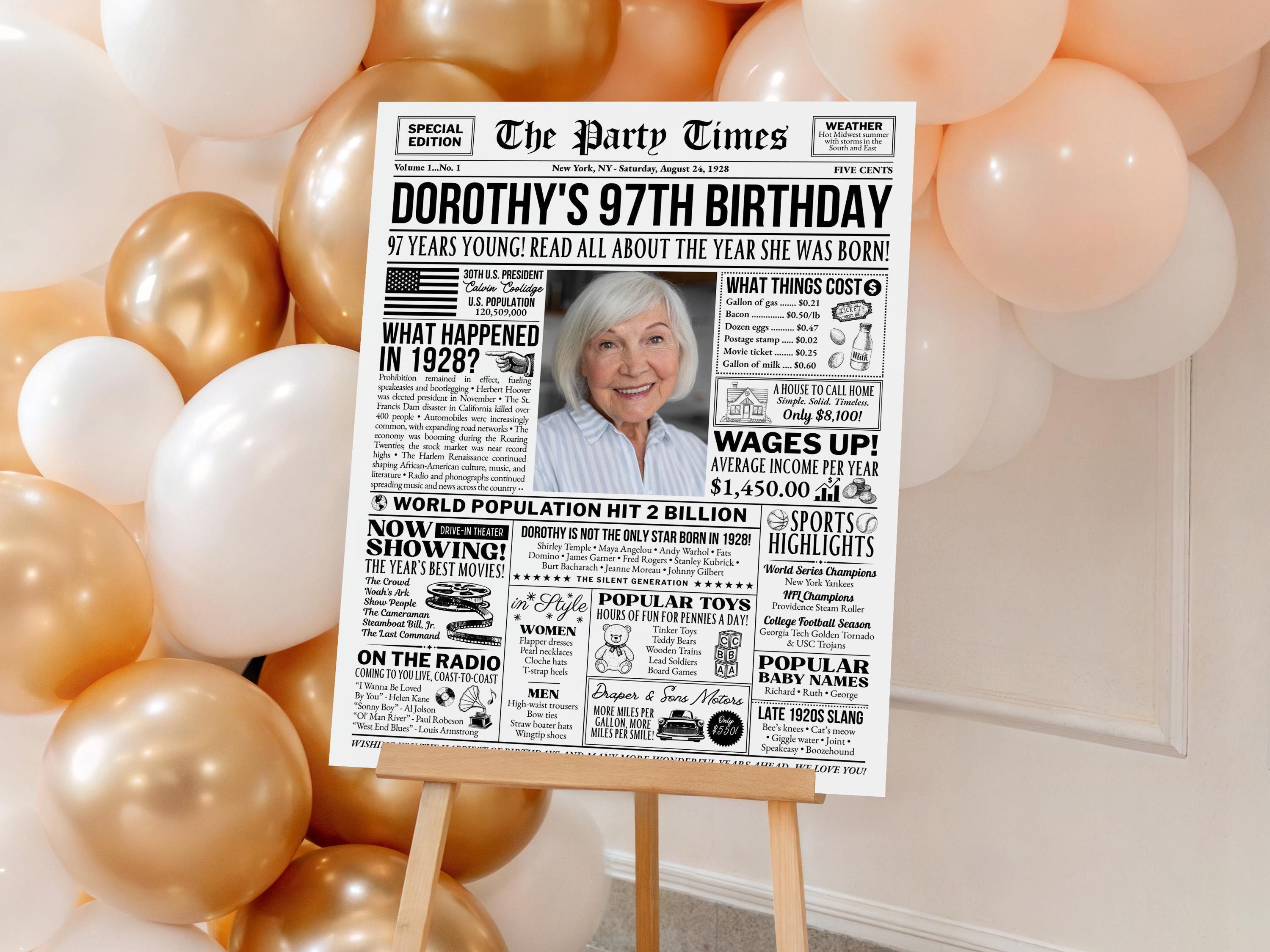 97th Birthday Newspaper Poster Sign, Back In 1928 Birthday Gift, 50s Theme Party Year in Review Keepsake Printable, Edit With Canva