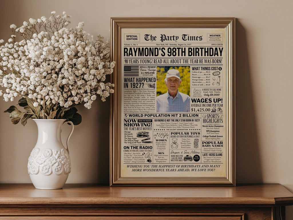 98th Birthday Gift, Back in 1927 Newspaper Poster, Unique Photo Welcome Sign Birthday Keepsake Printable, Edit With Canva