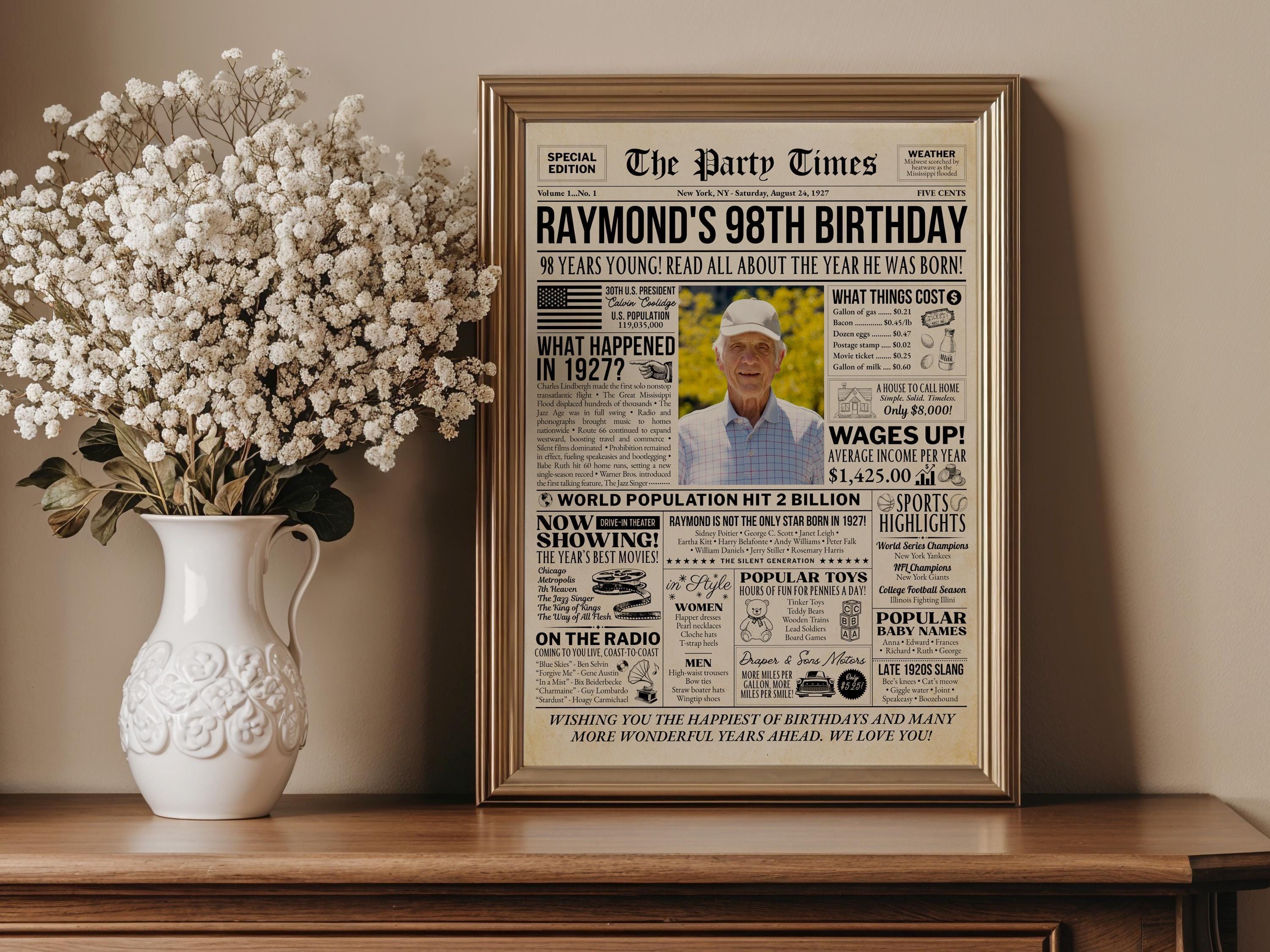 98th Birthday Gift, Back in 1927 Newspaper Poster, Unique Photo Welcome Sign Birthday Keepsake Printable, Edit With Canva