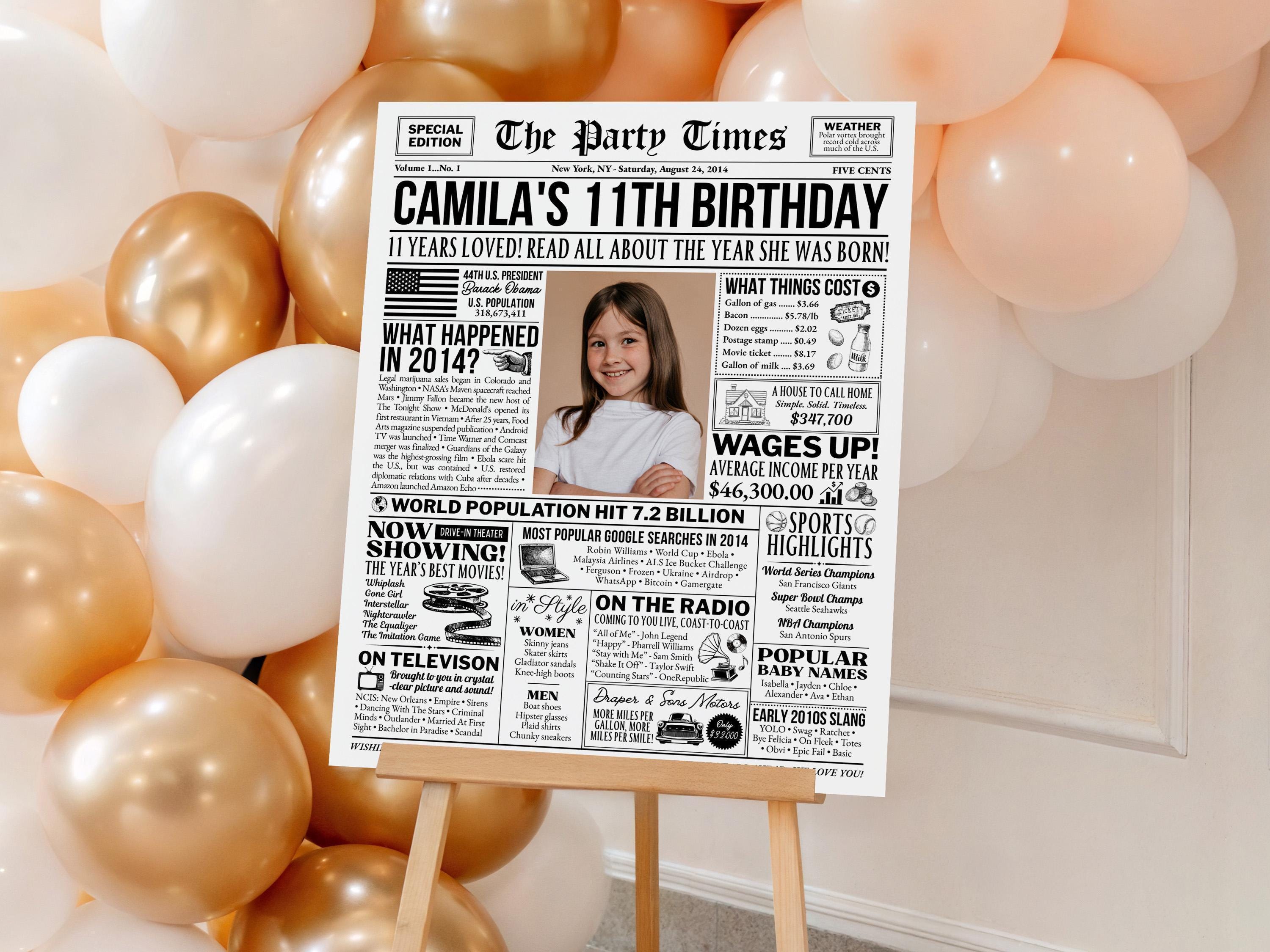 11th Birthday Newspaper Poster, Back in 2014 Photo Welcome Sign, Tween Milestone Party Decorations, Year You Were Born, Edit With Canva