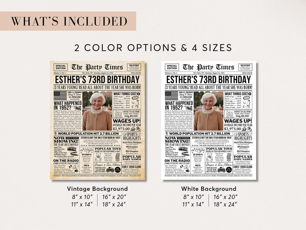 73rd Birthday Newspaper Poster, Flashback to 1952, Year You Were Born 73rd Birthday Sign, Gift for Mom or Dad Printable, Edit With Canva