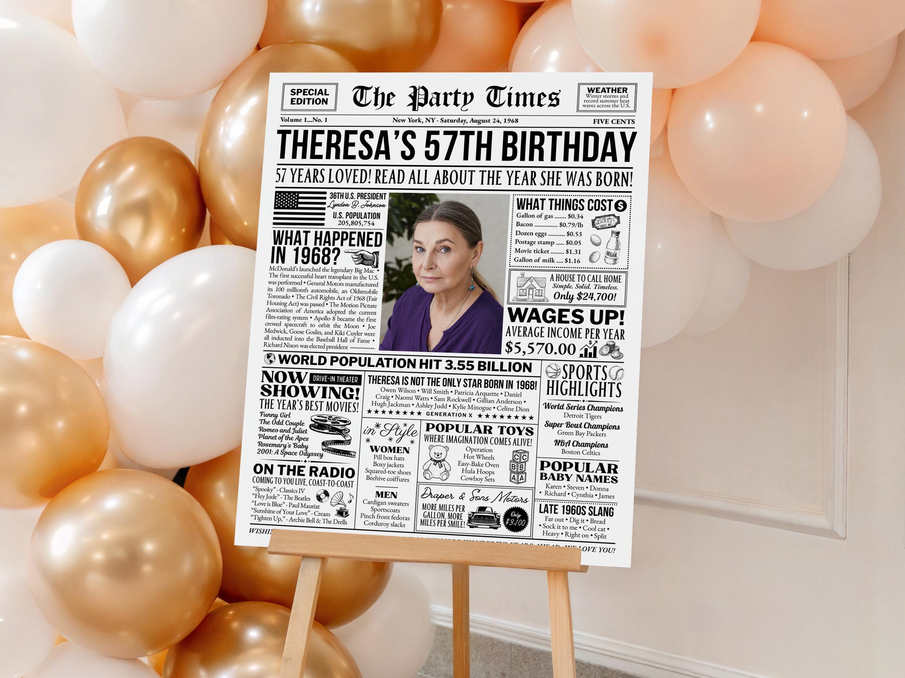 57th Birthday Newspaper Poster Sign, Back in 1968 USA Facts, Editable 57 Years Ago Vintage Style Birthday Party Decoration, Edit With Canva