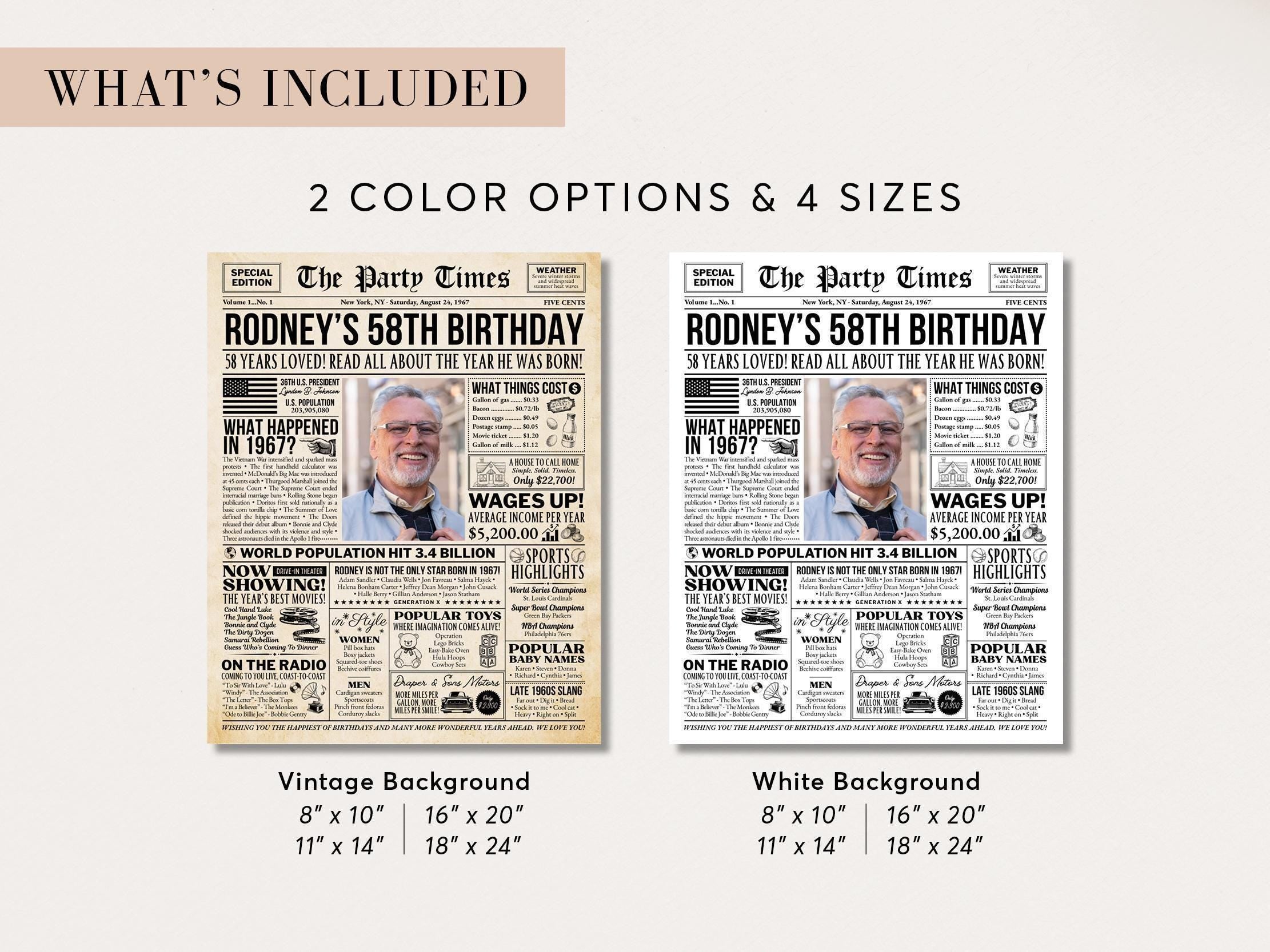 58th Birthday Gift, Back in 1967 Newspaper Poster Sign, Personalized Gift for Grandpa, USA Fun Facts Party Keepsake, Edit With Canva