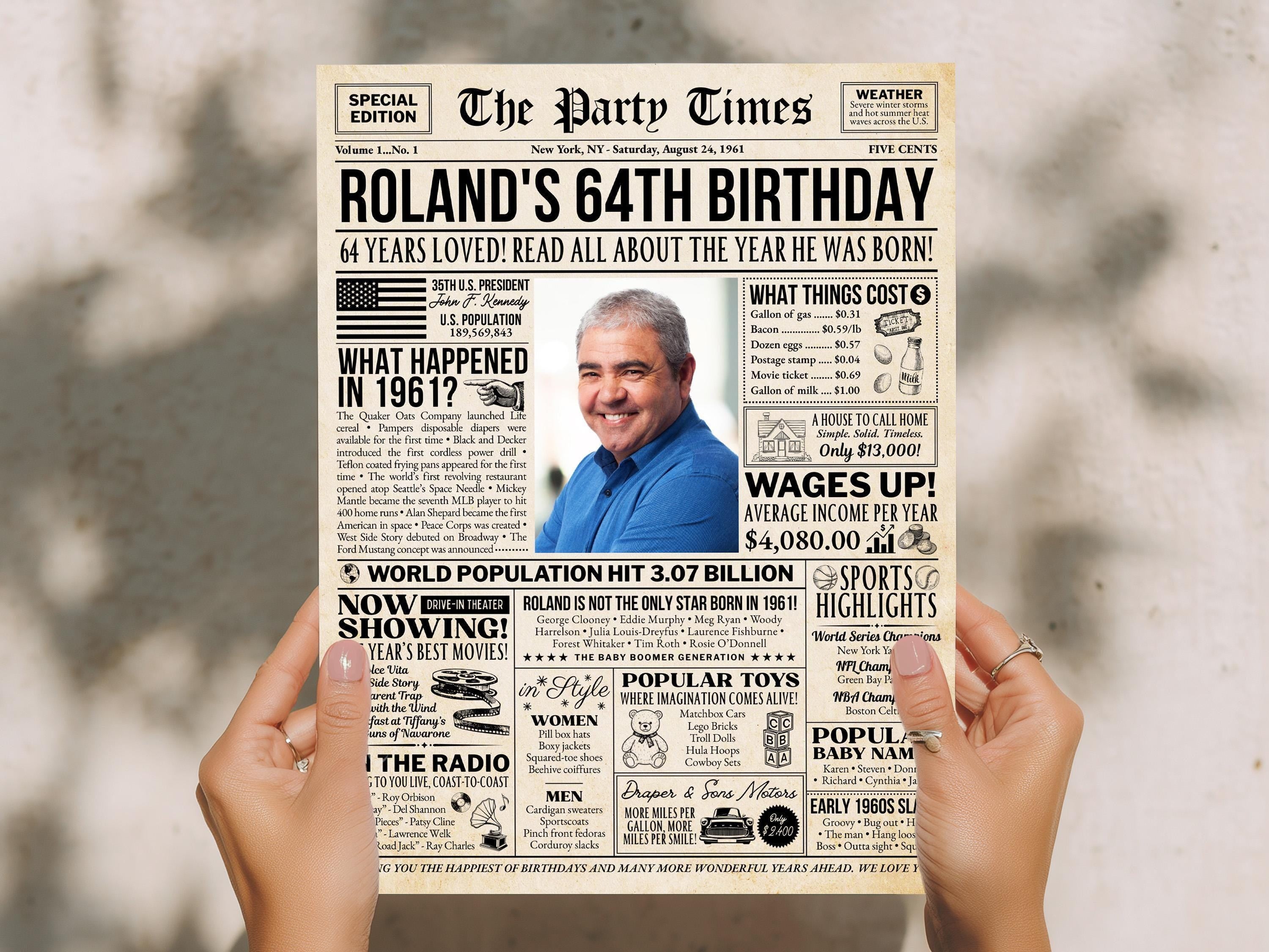 64th Birthday Newspaper Poster Sign, Back In 1961 Birthday Gift For Men Or Women, 64 Years Ago Party Decorations Printable, Edit With Canva
