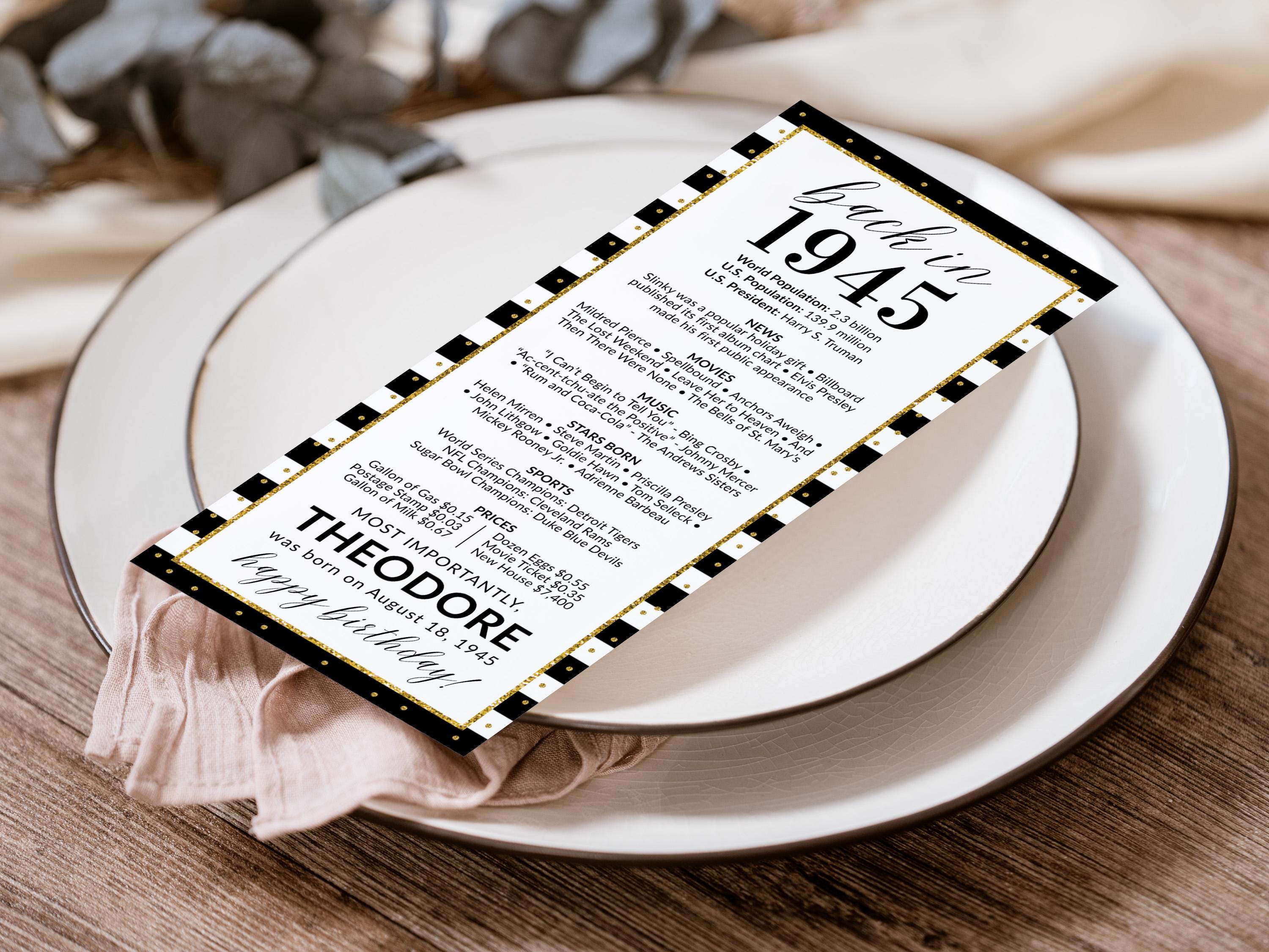 80th Birthday Place Cards, Editable Back In 1945 Party Decorations, 80th Milestone Birthday Trivia Table Cards Printable, Edit With Canva