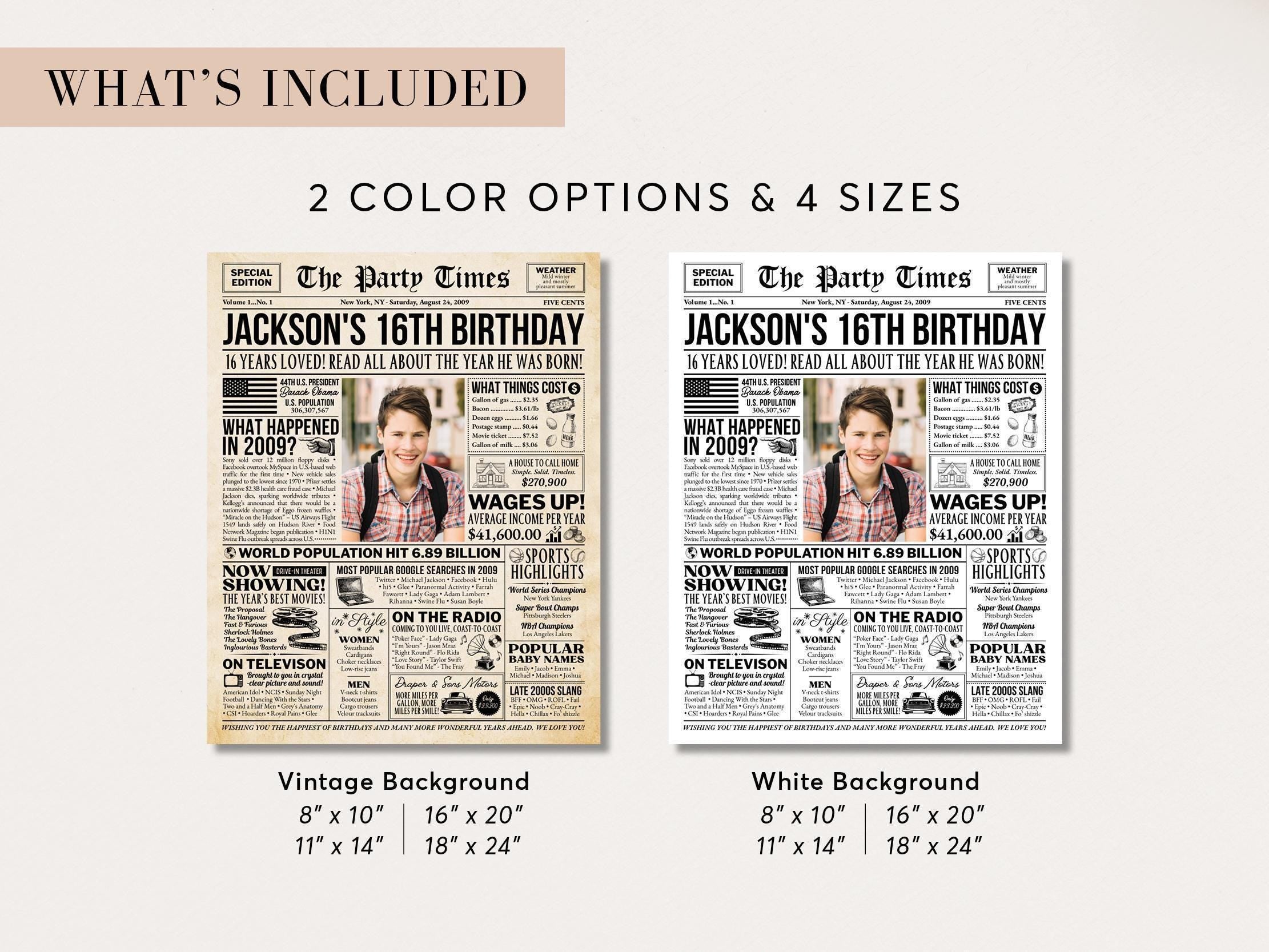 16th Birthday Newspaper Sign, Back in 2009 Vintage Poster, Sweet Sixteen Gift, 2009 USA Facts Party Decoration Print, Edit With Canva