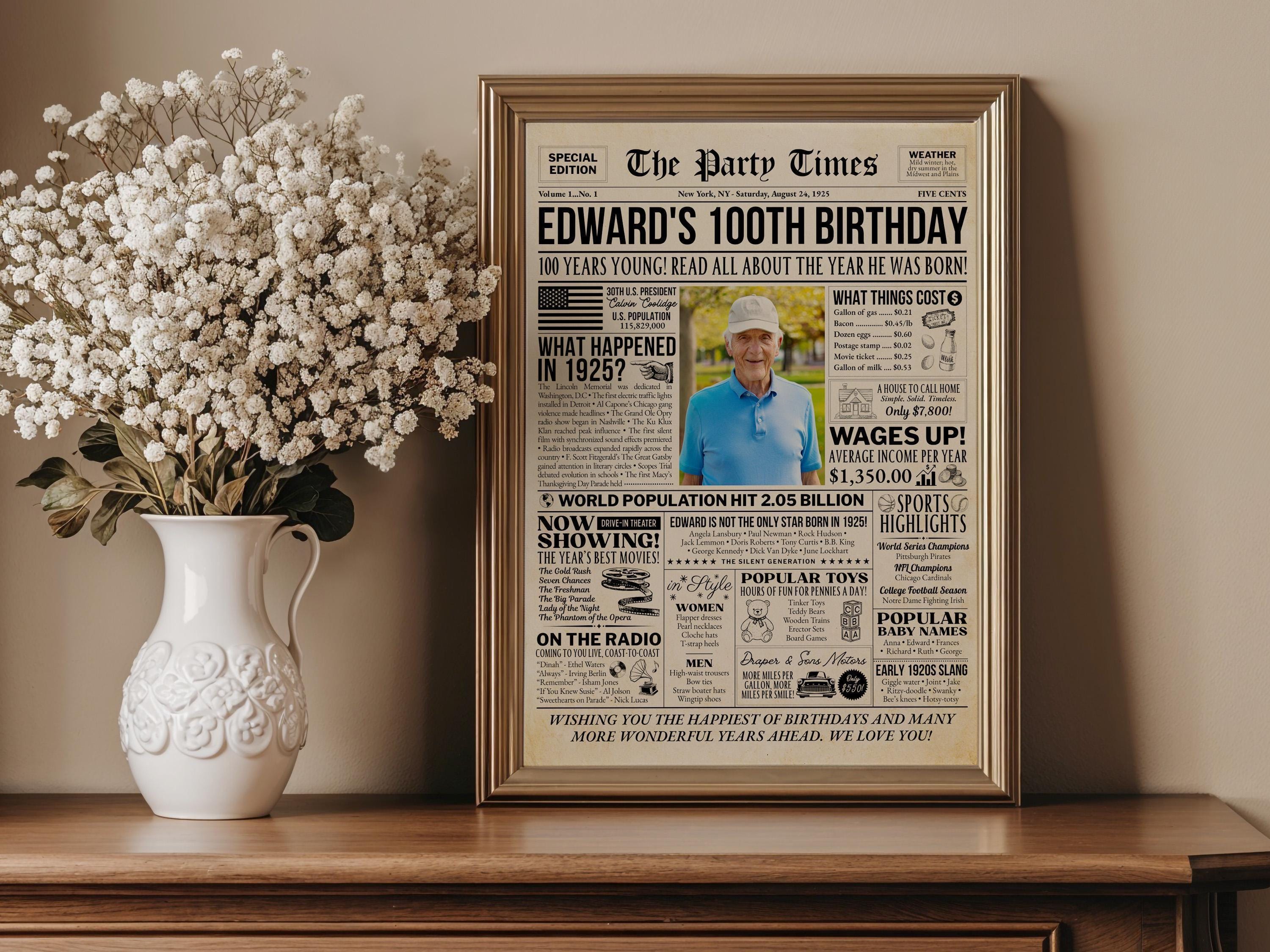 100th Birthday Newspaper Sign, Back in 1925 100 Years Ago Poster, Editable 20s Throwback Party Decorations Print, Edit With Canva