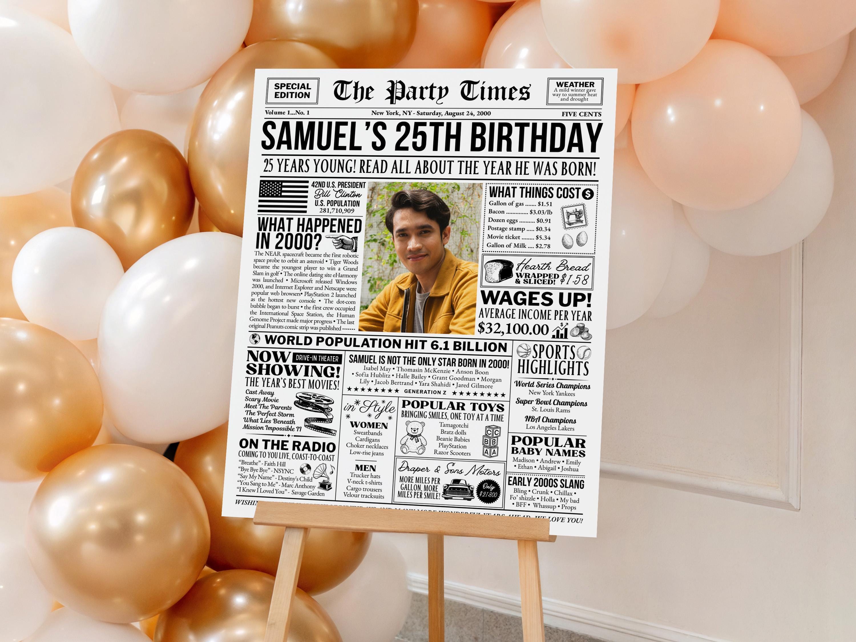 25th Birthday Gift, Born in 2000 Newspaper Poster, 25 Years Ago Party Decoration Keepsake Print, Retro Table Decor, Edit With Canva