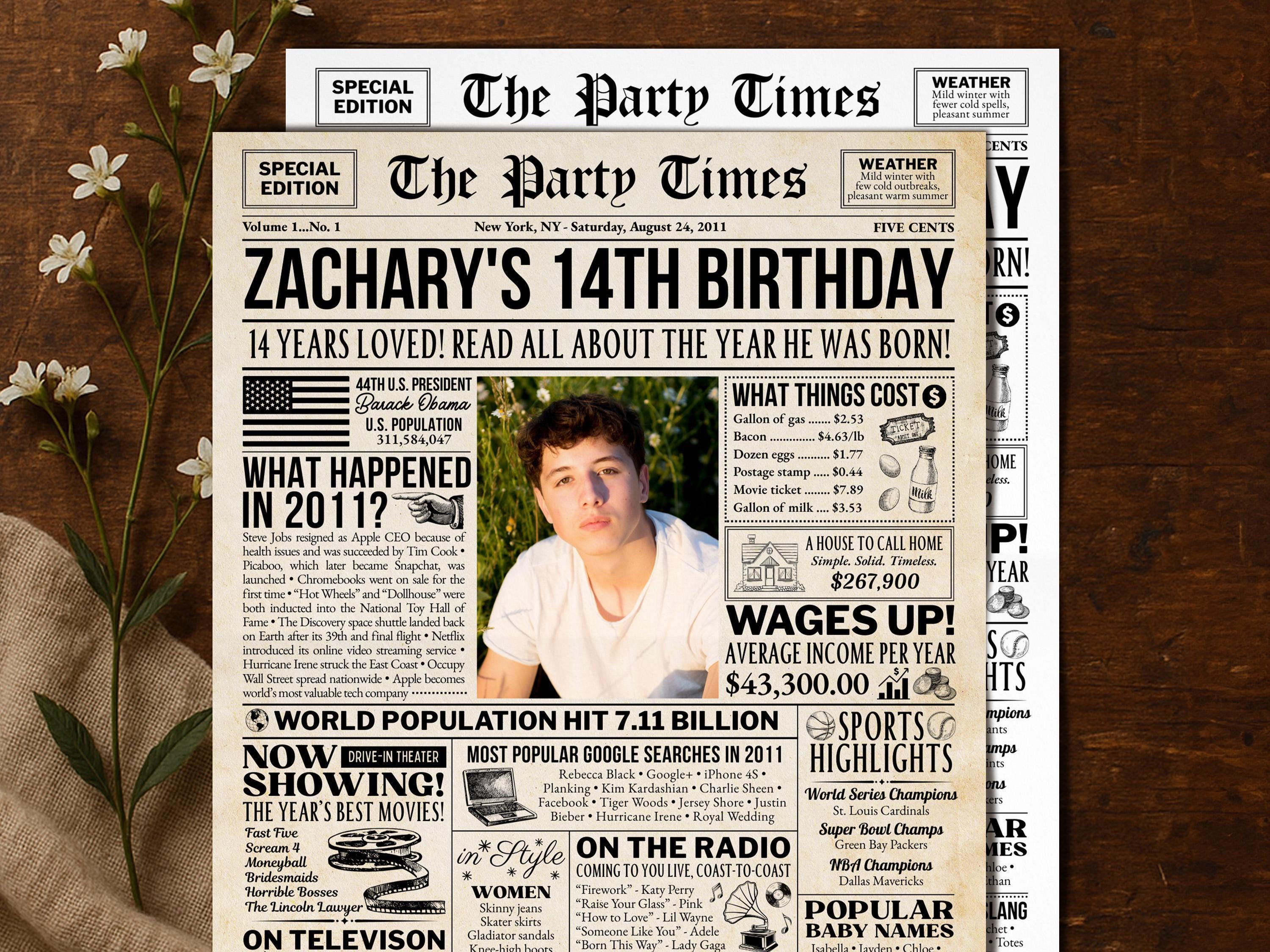 14th Birthday Gift, Back in 2011 Newspaper Sign, 2011 Birth Year Fun Facts Poster, Photo Welcome Sign Keepsake Printable, Edit With Canva