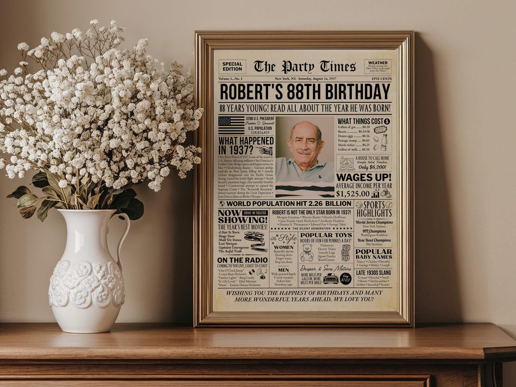 88th Birthday Newspaper Poster Sign, Back In 1937 Birthday Gift For Grandpa, 88 Years Ago Retro Party Decorations Printable, Edit With Canva