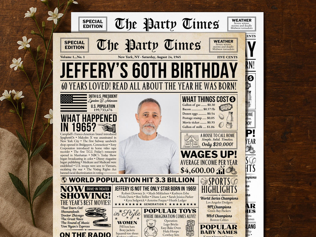 60th Birthday Newspaper Poster, Back in 1965 Sign, Custom Birthday Milestone Photo Keepsake, Back to the 60s Welcome Sign, Edit With Canva