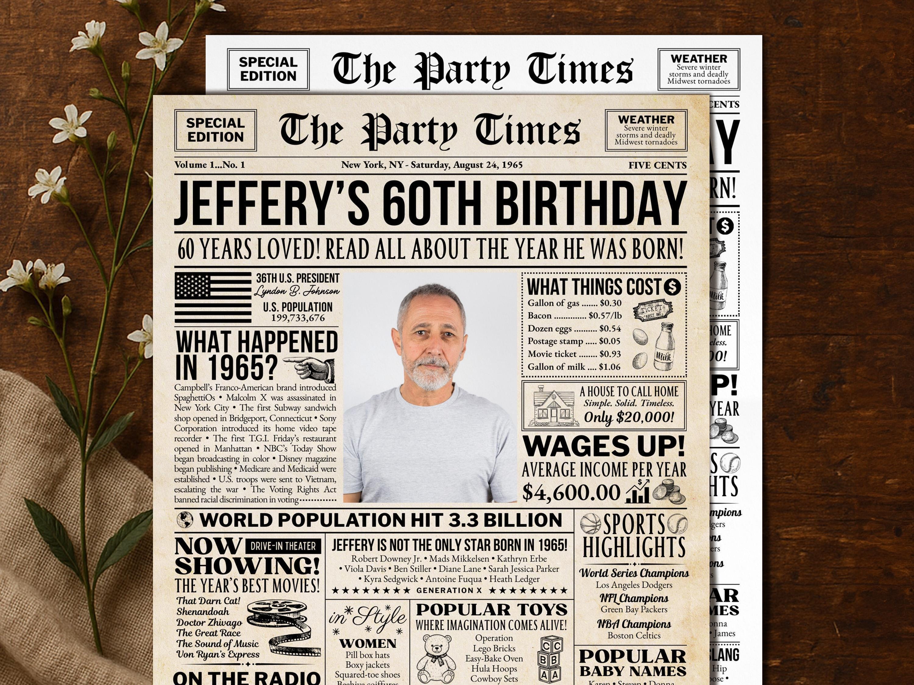 60th Birthday Newspaper Poster, Back in 1965 Sign, Custom Birthday Milestone Photo Keepsake, Back to the 60s Welcome Sign, Edit With Canva
