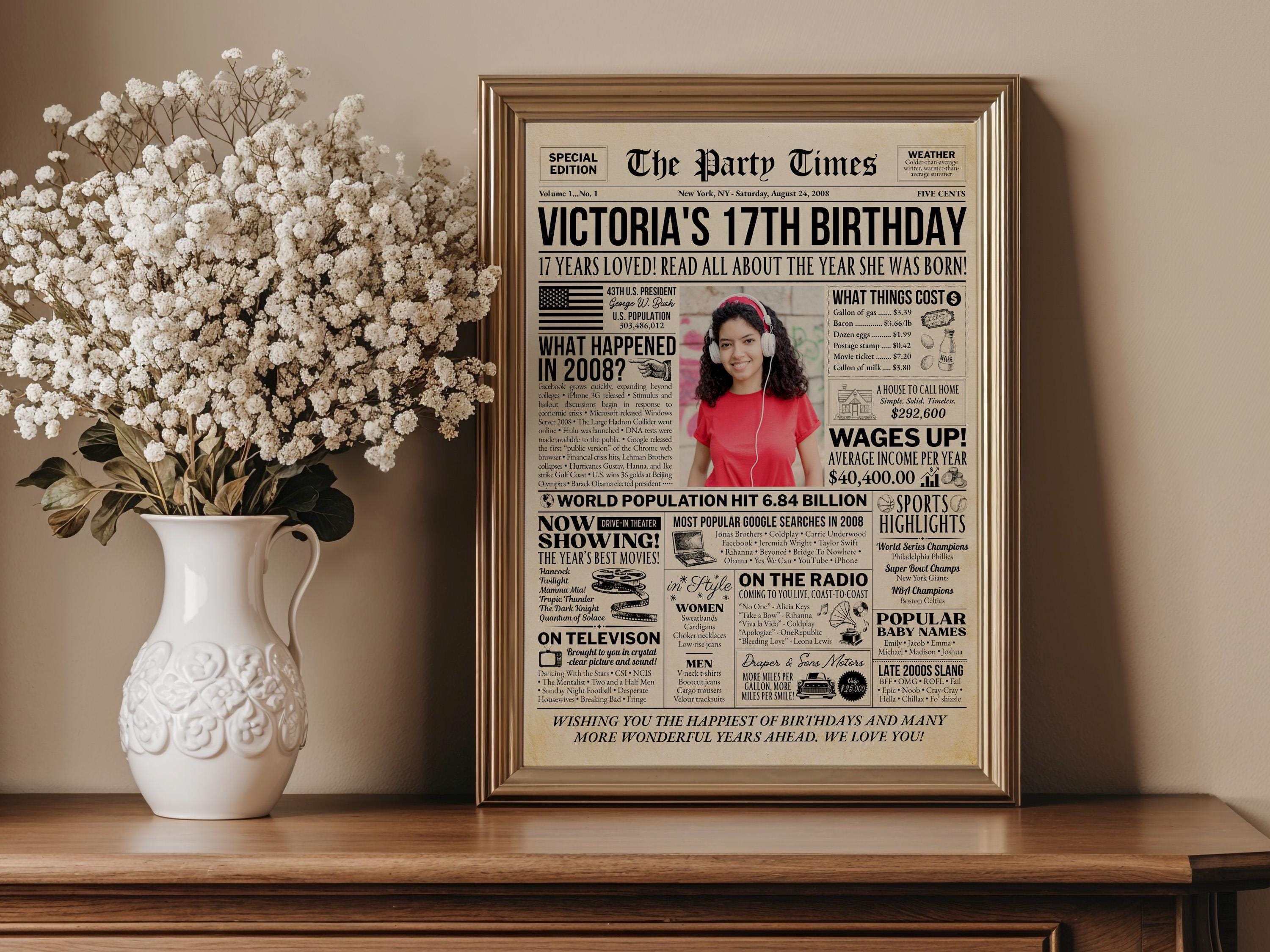 17th Birthday Newspaper Poster Sign, Back in 2008 USA Fun Facts Party Sign, Editable Vintage Style Birthday Decoration, Edit With Canva