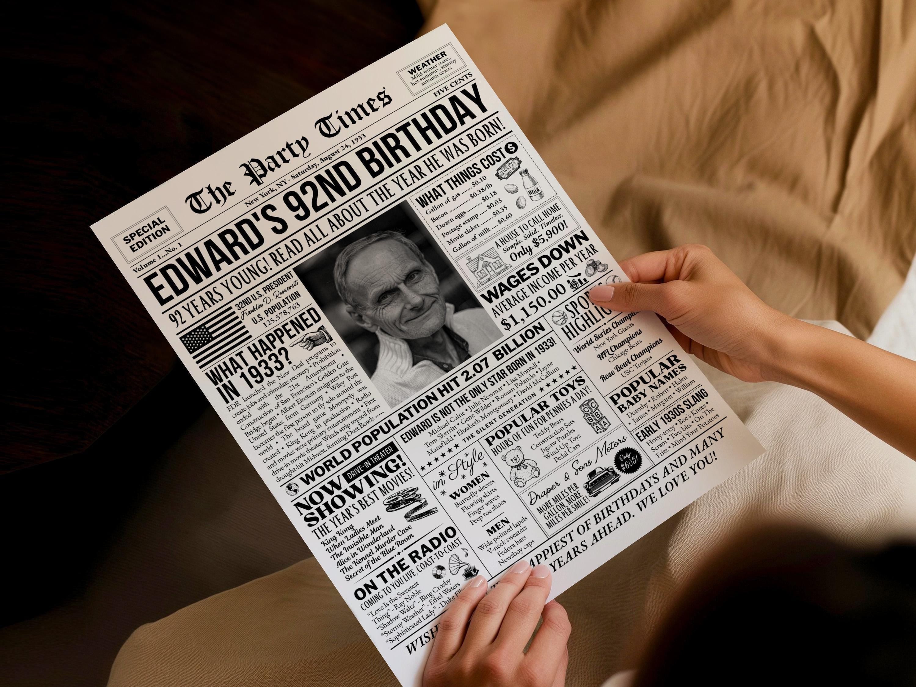 92th Birthday Gift, Back in 1933 Newspaper Poster, Personalized Gift for Granny, Unique Birthday Keepsake Printable, Edit With Canva