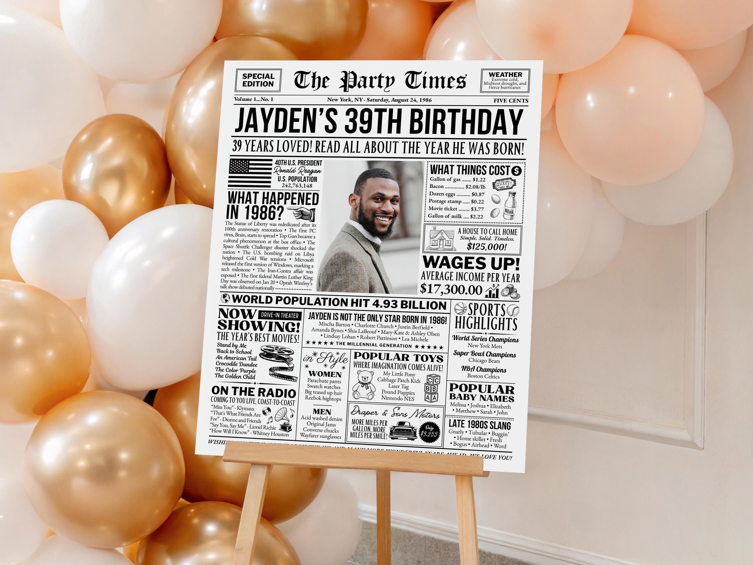 39th Birthday Gift, Back in 1986 Newspaper Poster, Personalized Gift for Husband Or Wife, Unique Party Keepsake Printable, Edit With Canva