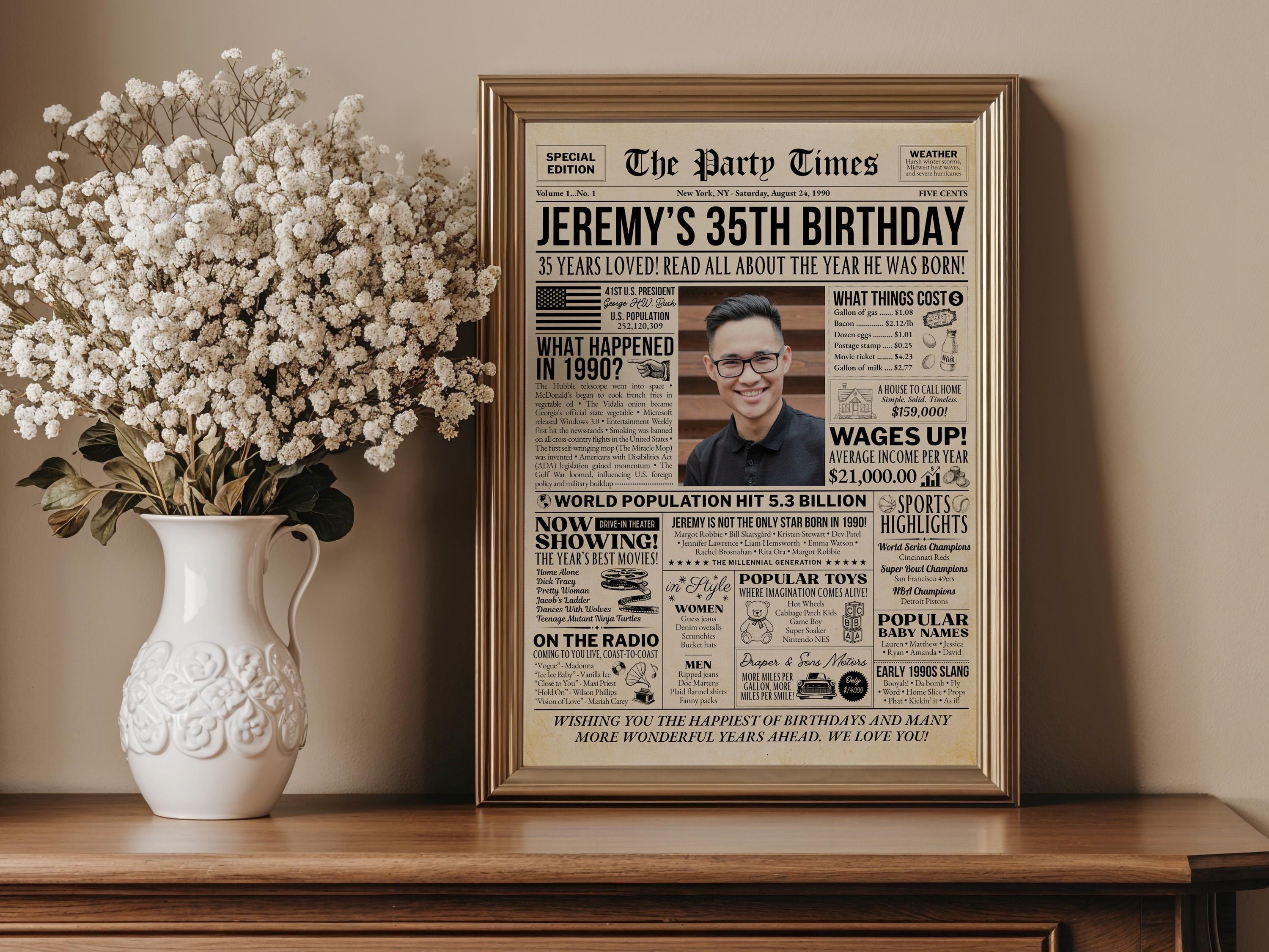 35th Birthday Newspaper Poster Sign, Back In 1990 Birthday Gift For Men Or Women, 35 Years Ago Party Decorations Printable, Edit With Canva