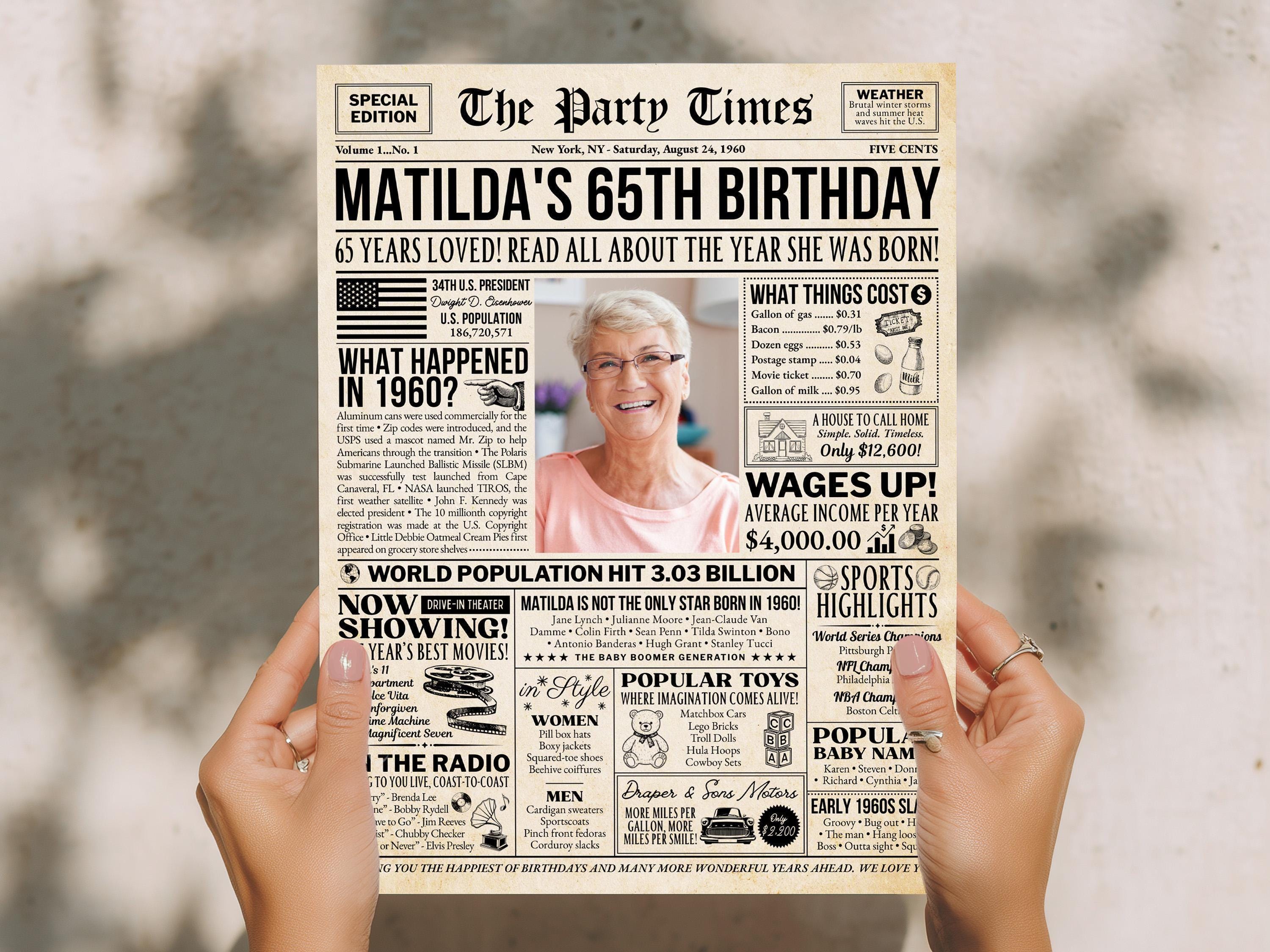 65th Birthday Gift, Born In 1960 Newspaper Poster, Editable Vintage Retro Birthday Sign, Personalized Gift For Mom Or Dad, Edit With Canva