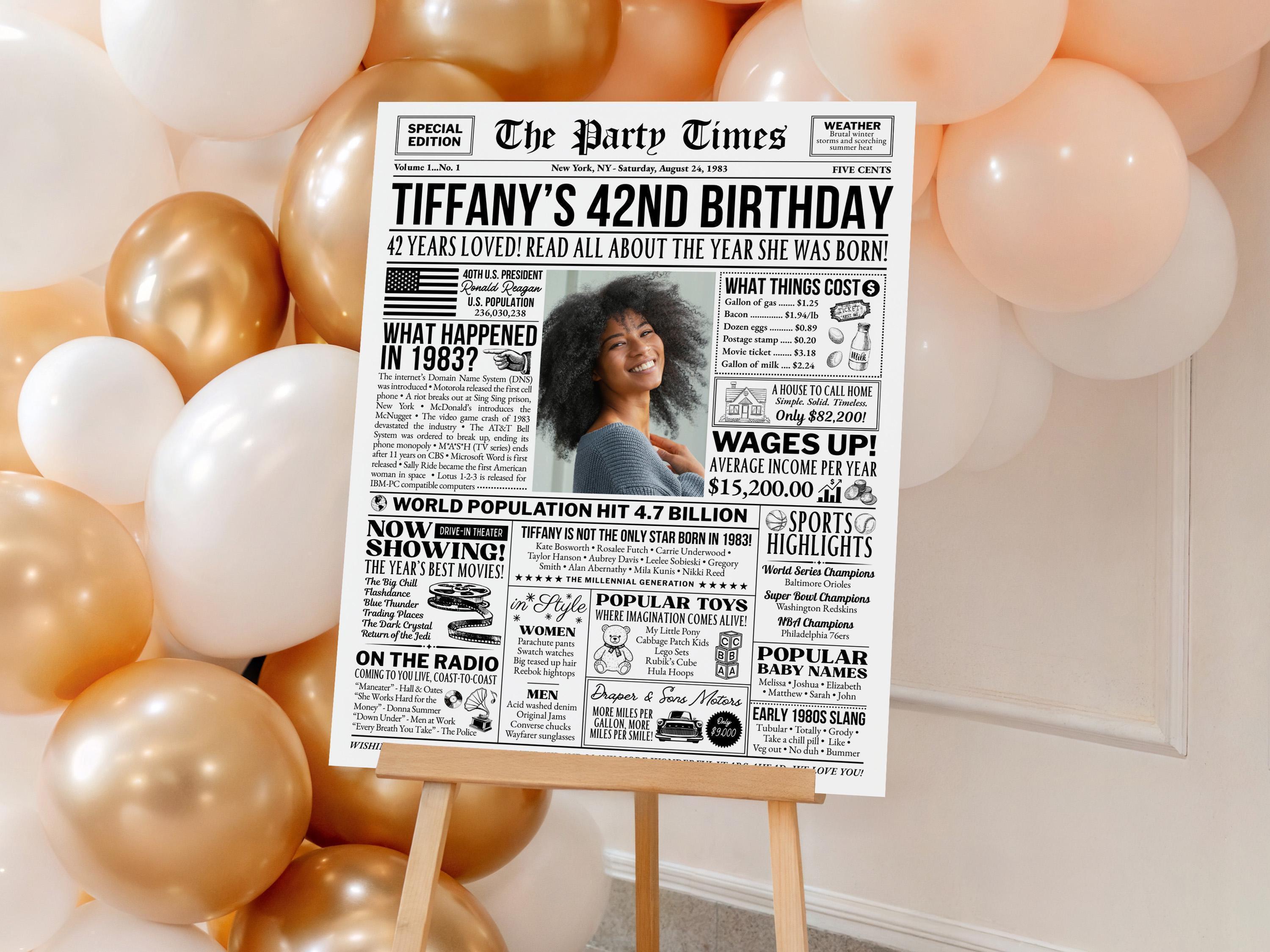 42nd Birthday Newspaper Sign, Back in 1983 Vintage Poster, 42 Years Ago Birthday Gift, 1983 Facts Party Decoration Print, Edit With Canva