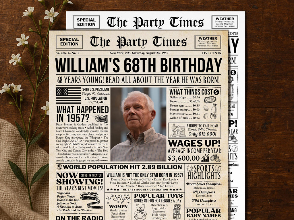 68th Birthday Gift, Back in 1957 Newspaper Poster, Personalized Gift for Dad Or Mom, 50s Theme Party Keepsake Printable, Edit With Canva