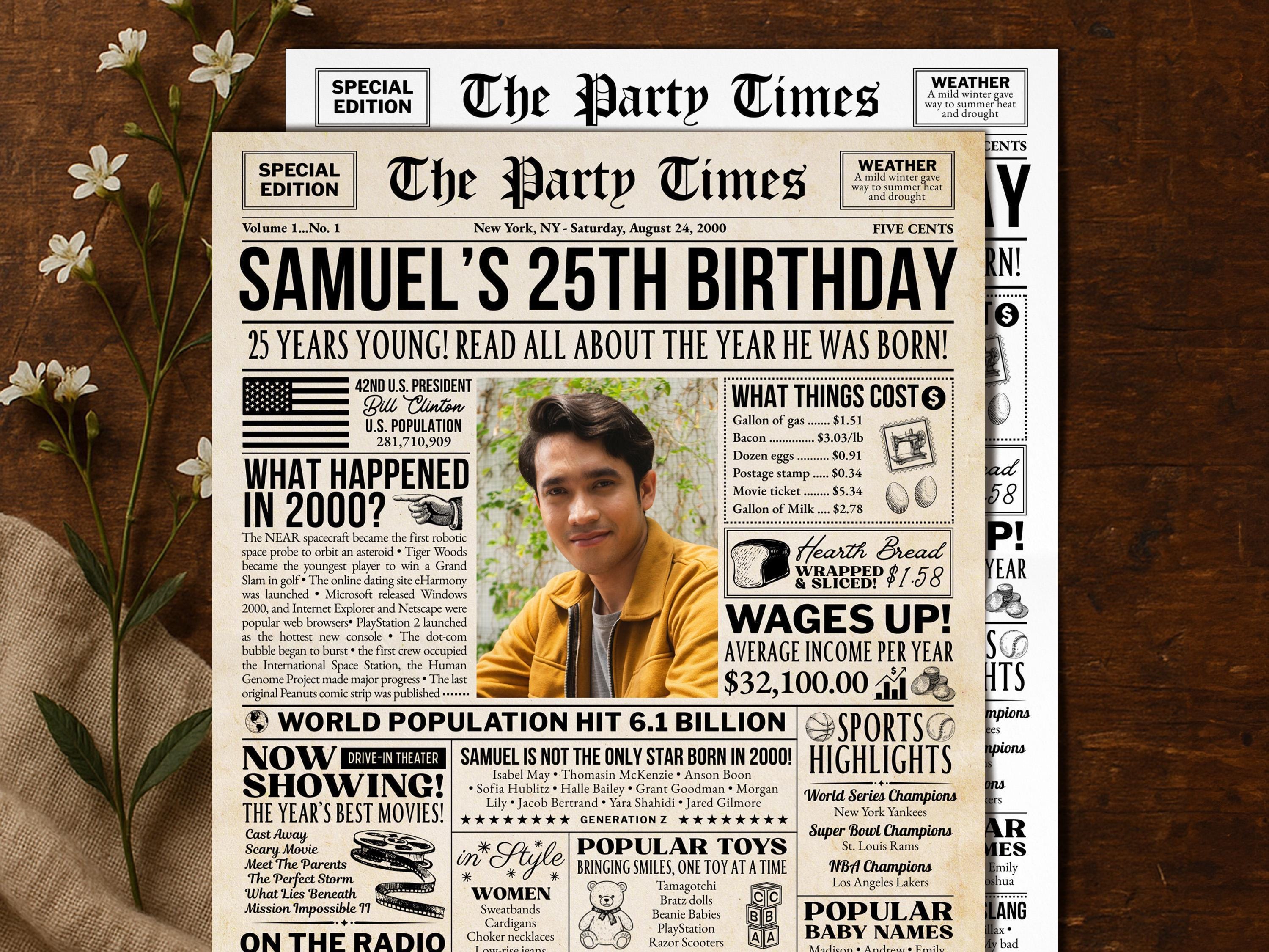 25th Birthday Gift, Born in 2000 Newspaper Poster