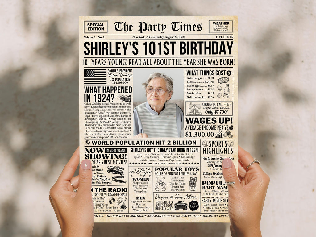 101st Birthday Gift, Back in 1924 Newspaper Poster, Personalized Gift For Grandma, Editable Vintage 101st Birthday Sign, Edit With Canva