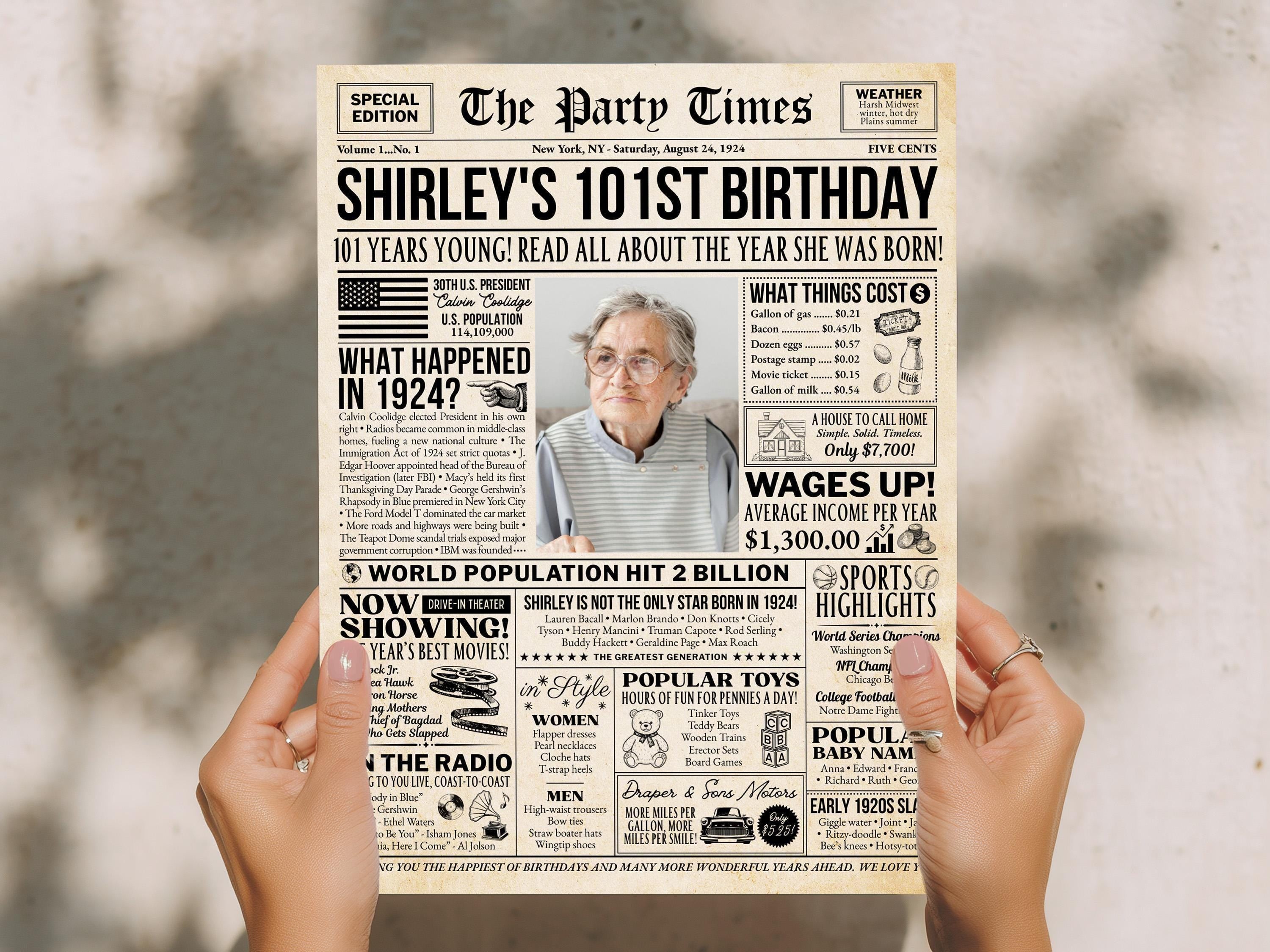 101st Birthday Gift, Back in 1924 Newspaper Poster, Personalized Gift For Grandma, Editable Vintage 101st Birthday Sign, Edit With Canva