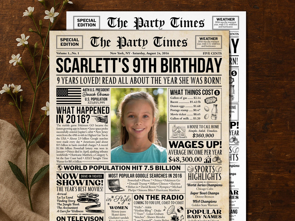 9th Birthday Newspaper Poster with Photo