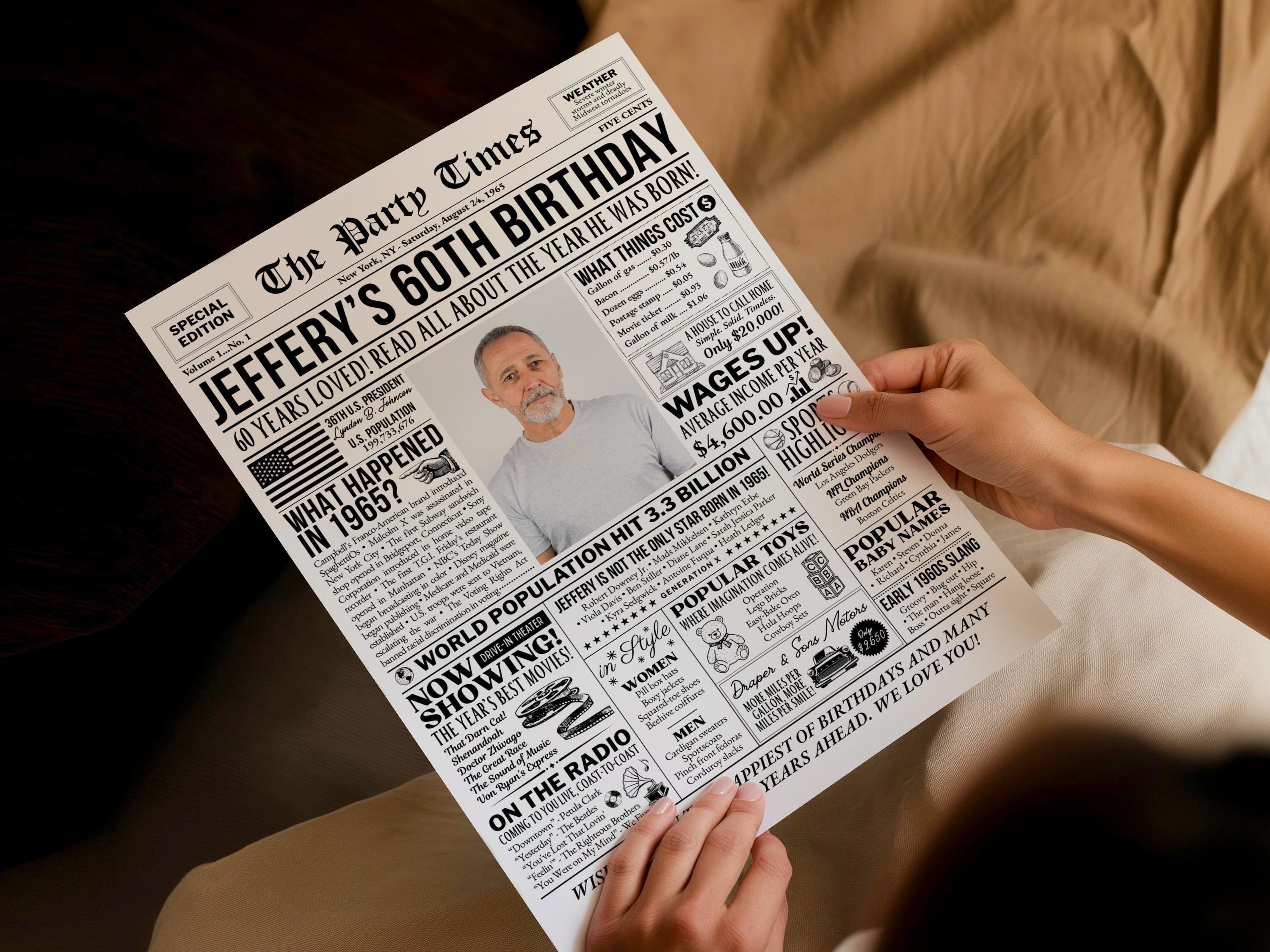 60th Birthday Newspaper Poster, Back in 1965 Sign, Custom Birthday Milestone Photo Keepsake, Back to the 60s Welcome Sign, Edit With Canva