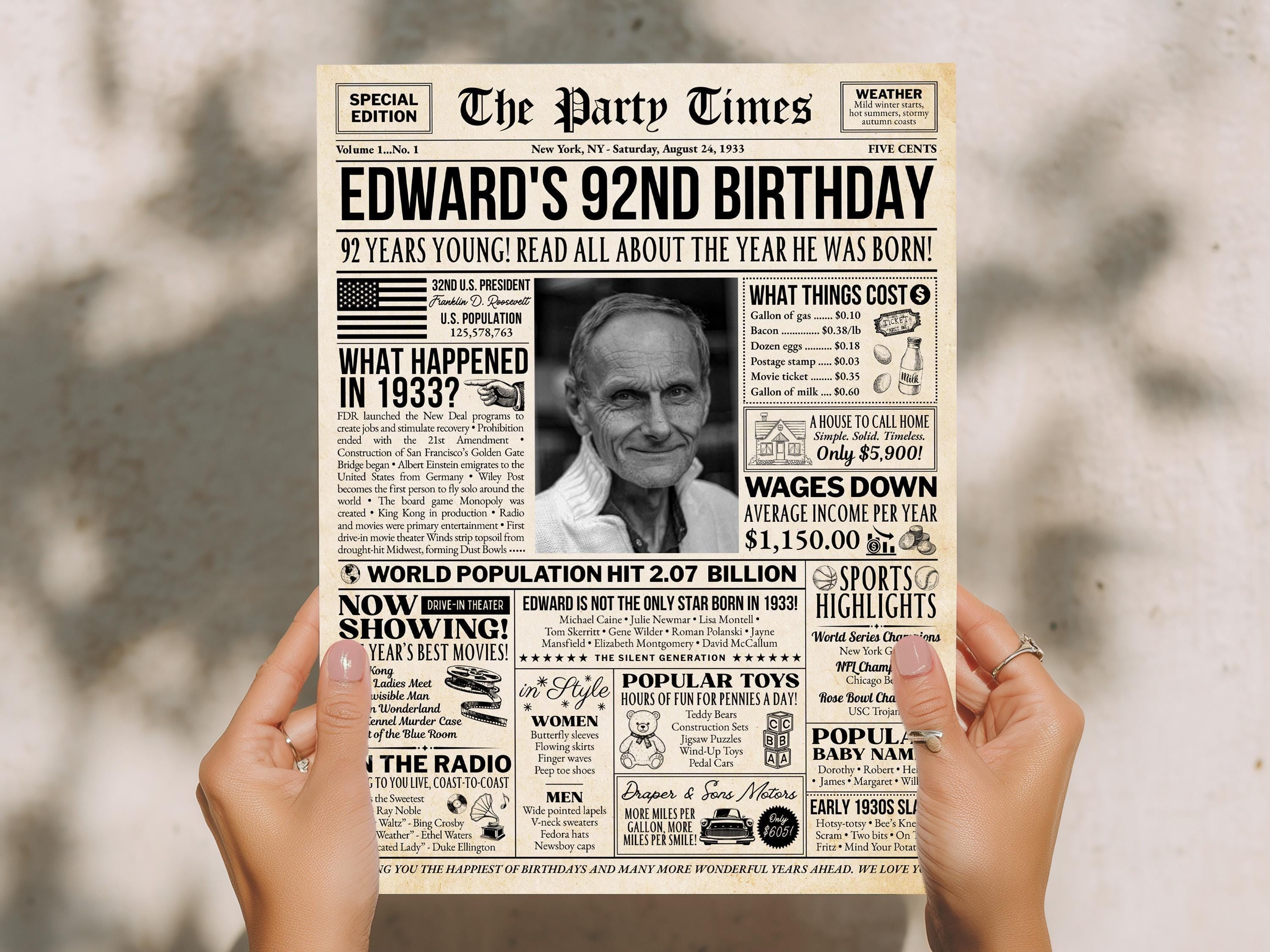 92th Birthday Gift, Back in 1933 Newspaper Poster, Personalized Gift for Granny, Unique Birthday Keepsake Printable, Edit With Canva