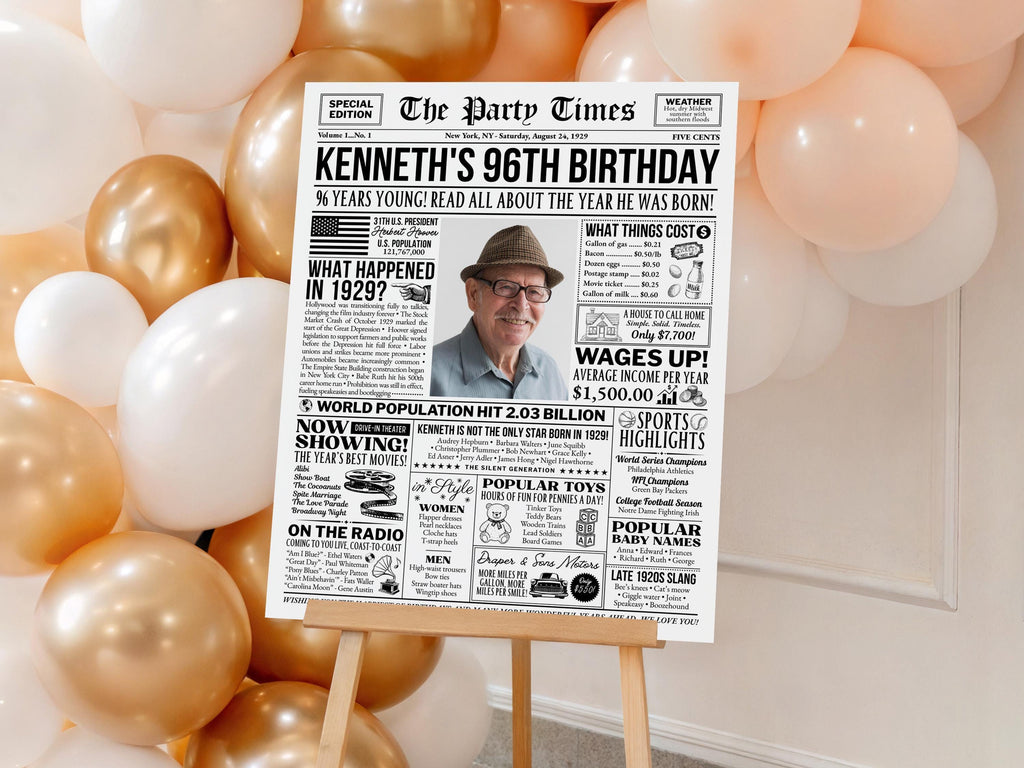 96th Birthday Newspaper Poster Sign, Born In 1929 Birthday Milestone Keepsake Gift, Editable Party Decorations Printable, Edit With Canva
