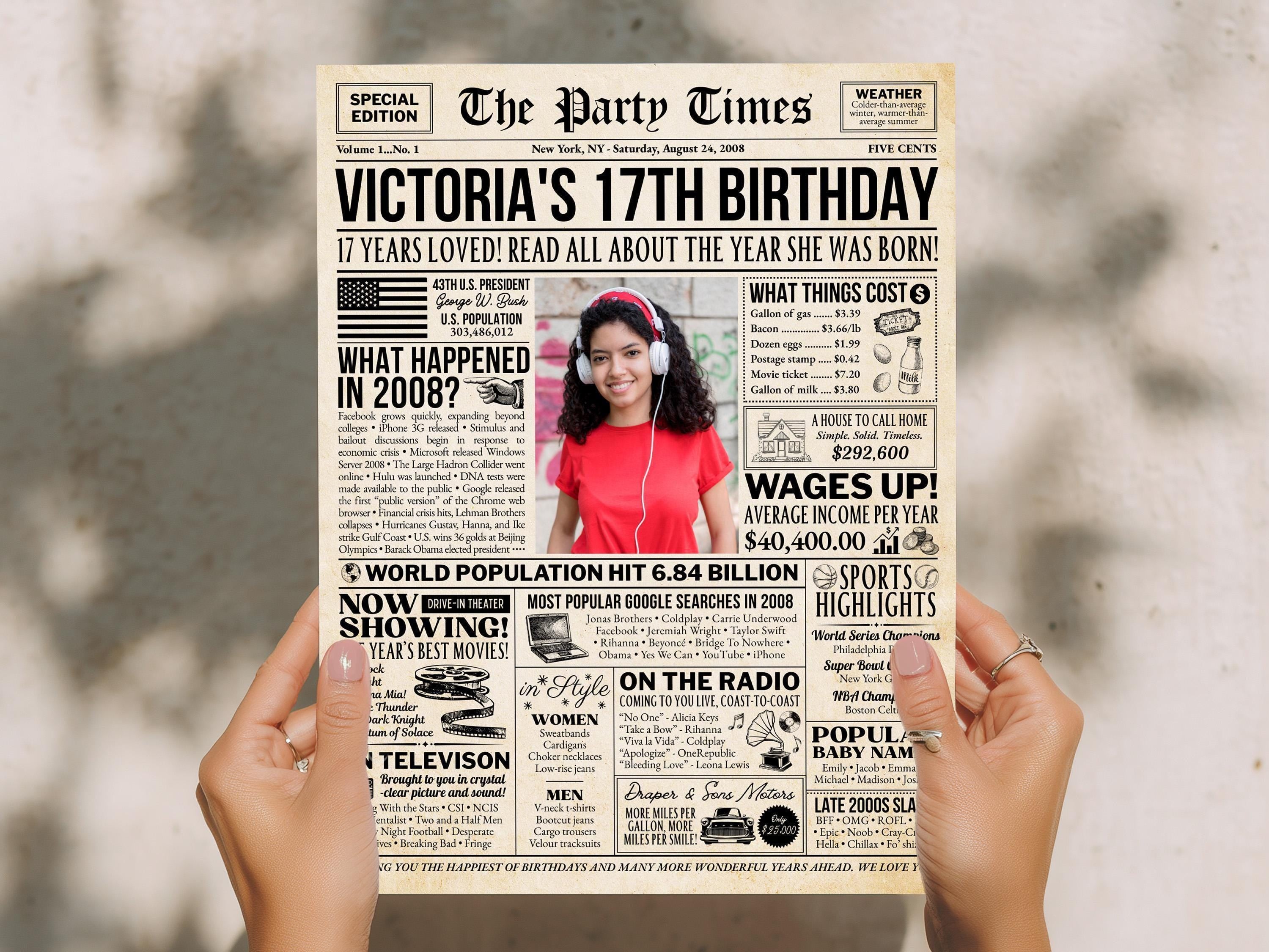 17th Birthday Newspaper Poster Sign, Back in 2008 USA Fun Facts Party Sign, Editable Vintage Style Birthday Decoration, Edit With Canva