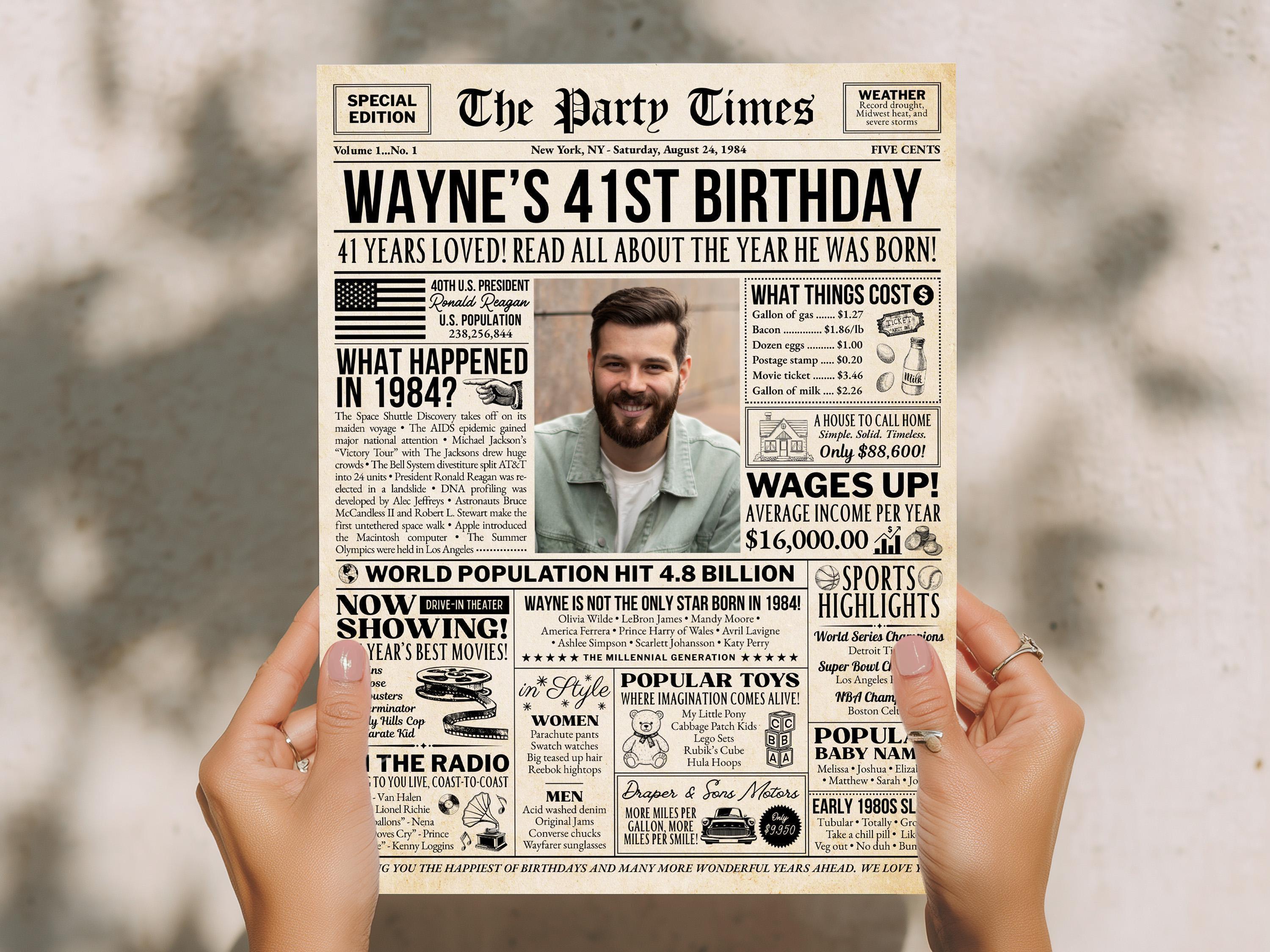 41st Birthday Newspaper Sign, Back in 1984 Vintage Poster, 41 Years Ago Gift, Editable Year You Were Born Party Decor, Edit With Canva