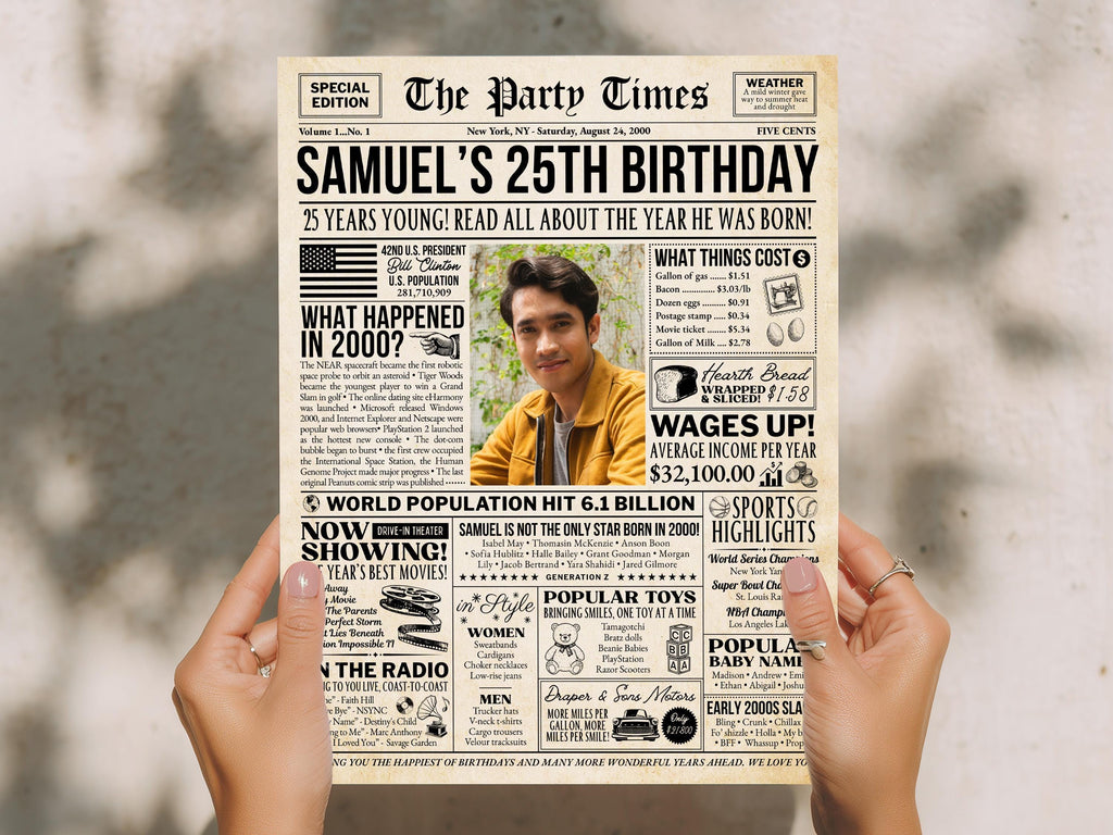 25th Birthday Gift, Born in 2000 Newspaper Poster, 25 Years Ago Party Decoration Keepsake Print, Retro Table Decor, Edit With Canva