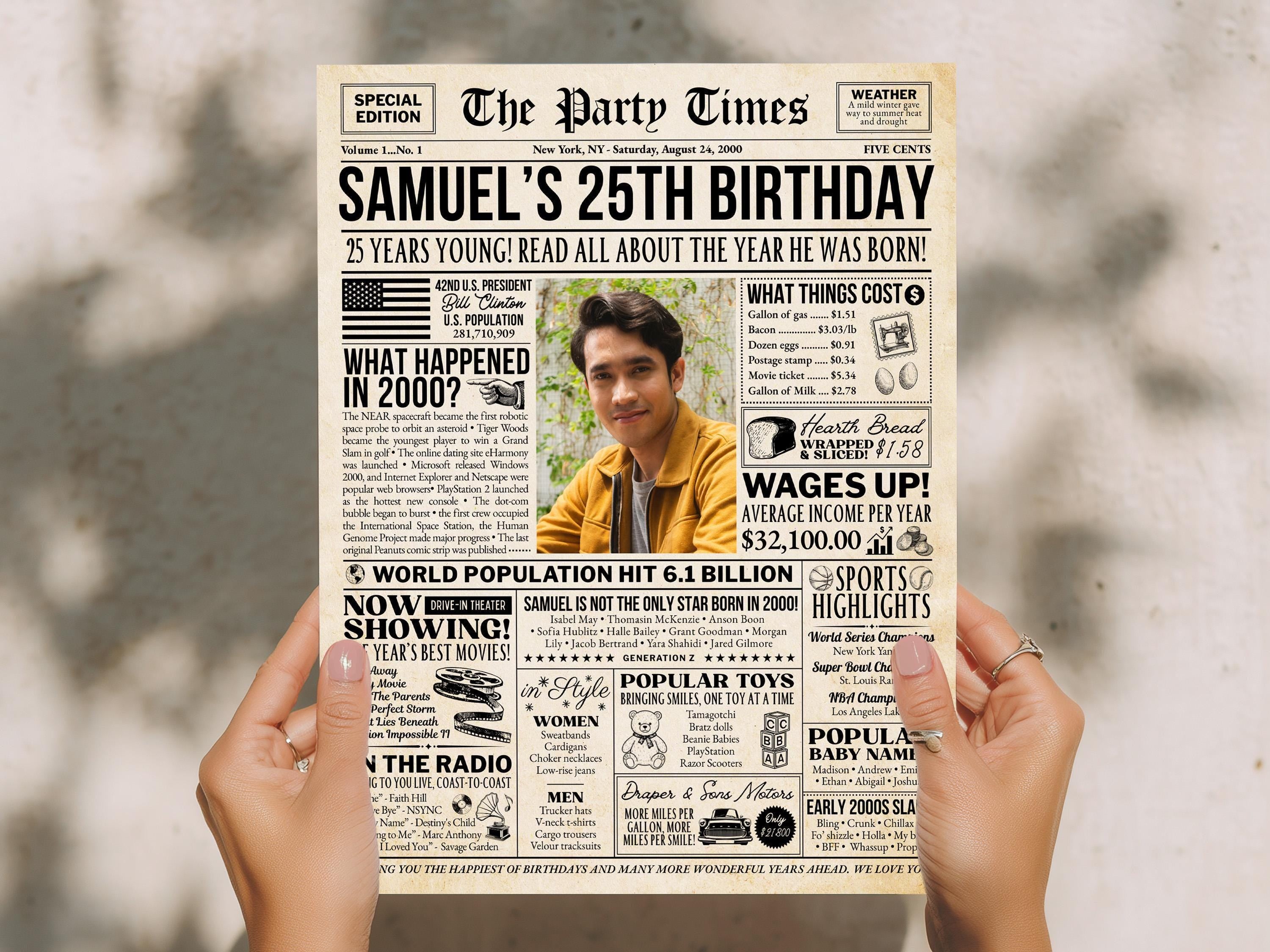 25th Birthday Gift, Born in 2000 Newspaper Poster, 25 Years Ago Party Decoration Keepsake Print, Retro Table Decor, Edit With Canva