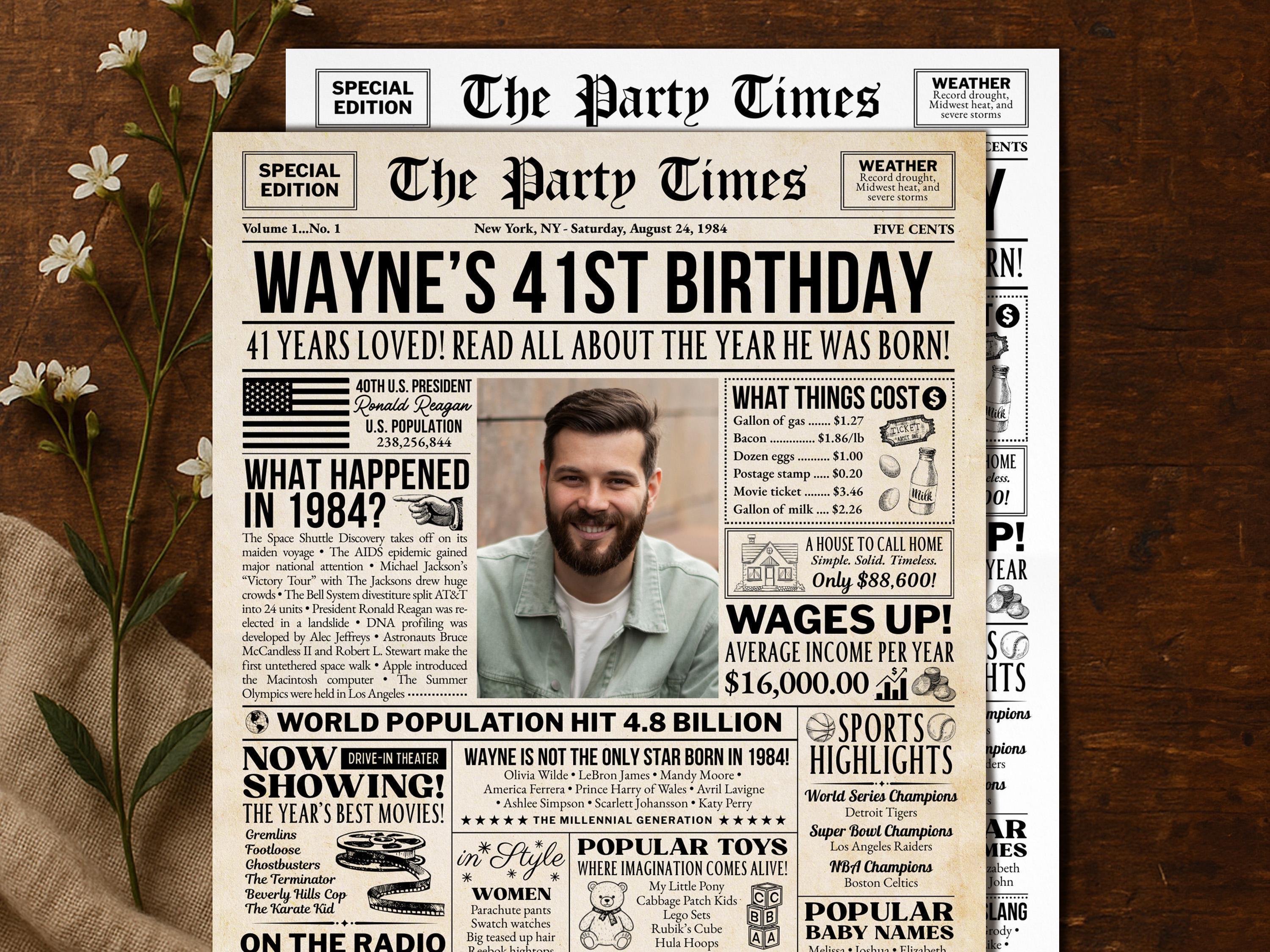 41st Birthday Newspaper Sign, Back in 1984 Vintage Poster, 41 Years Ago Gift, Editable Year You Were Born Party Decor, Edit With Canva