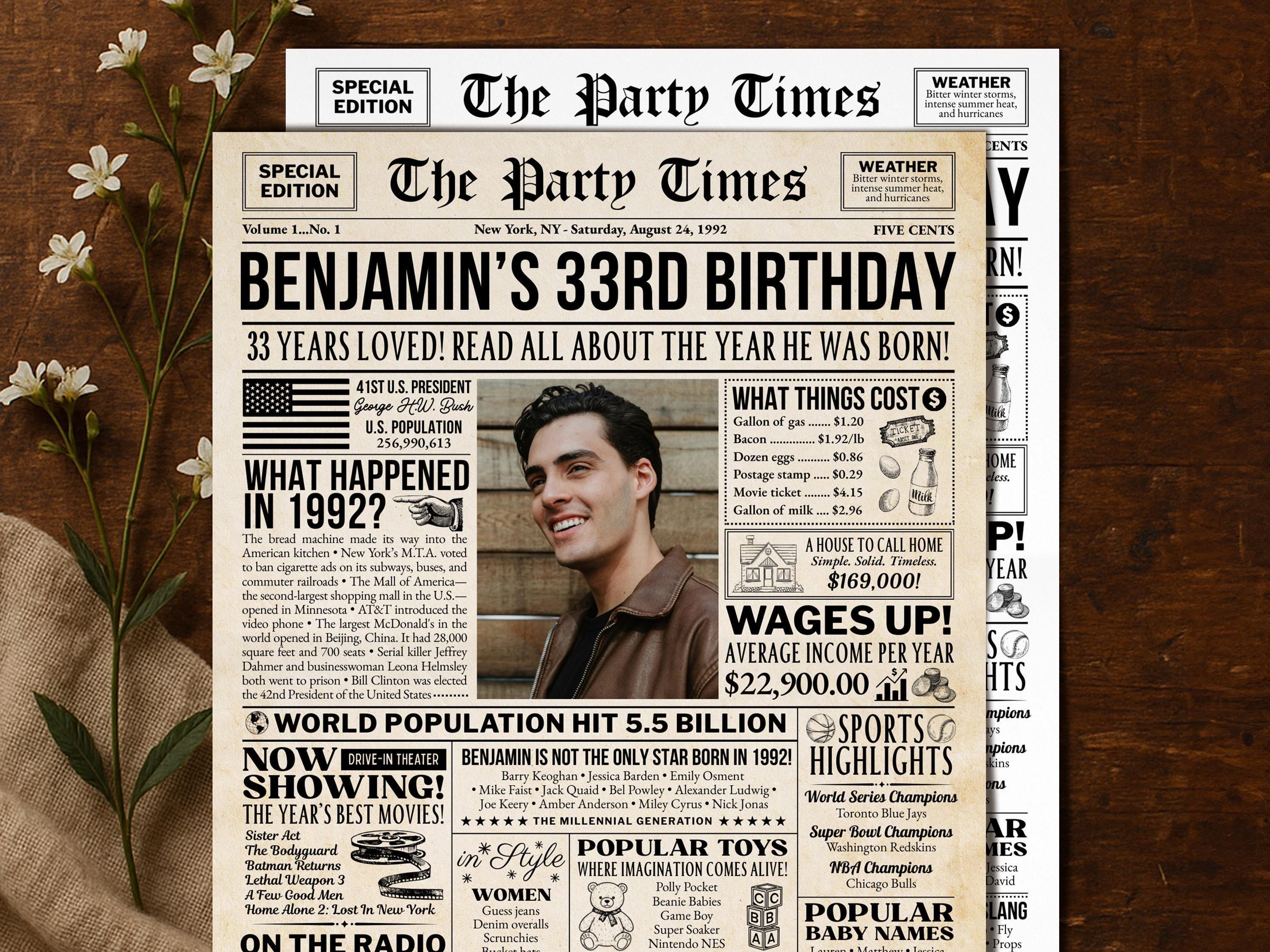 33rd Birthday Newspaper Poster with Photo