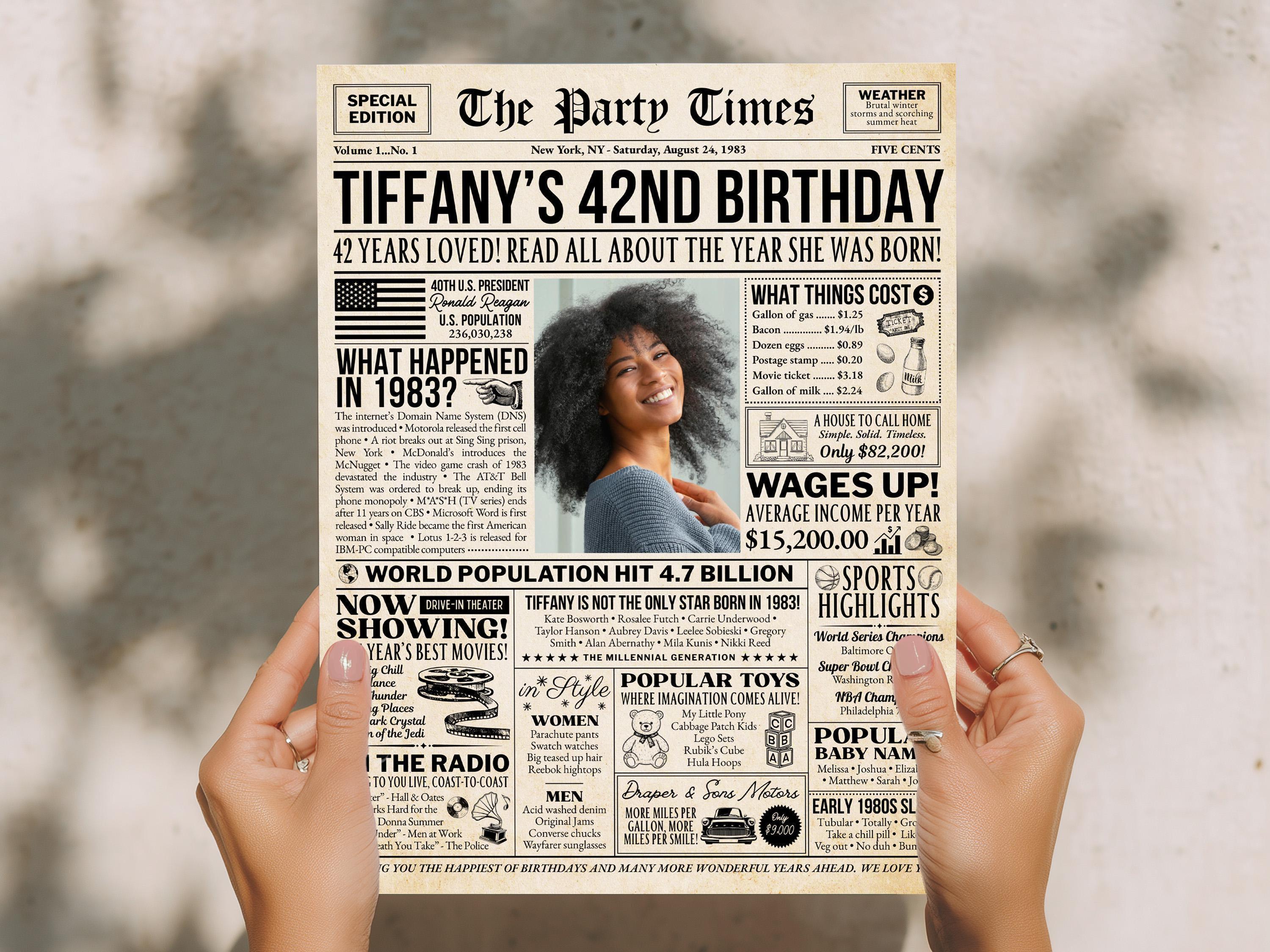 42nd Birthday Newspaper Sign, Back in 1983 Vintage Poster, 42 Years Ago Birthday Gift, 1983 Facts Party Decoration Print, Edit With Canva