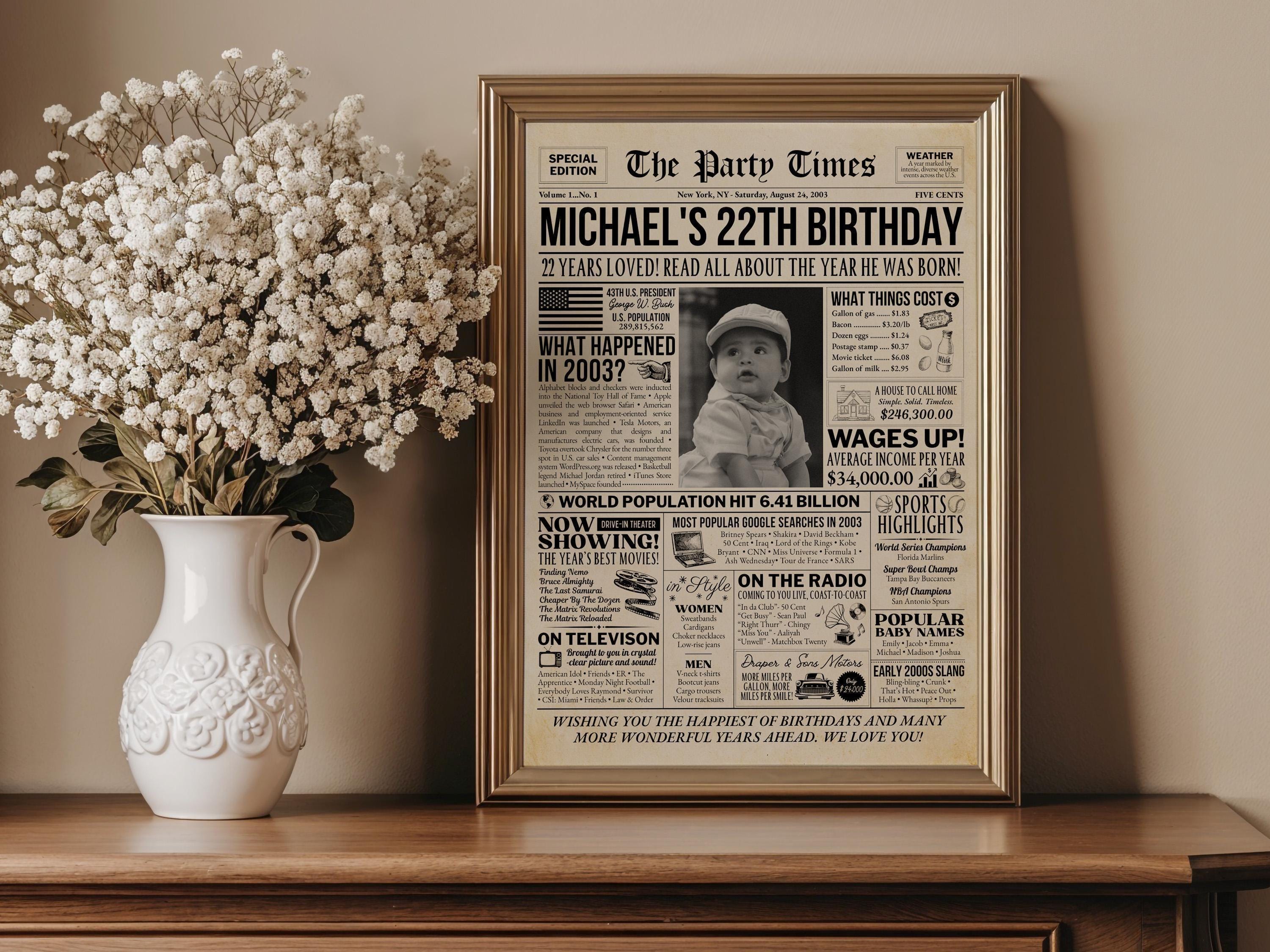 22nd Birthday Newspaper Poster Sign, Back in 2003, Editable USA Fun Facts Party Sign, Custom Year You Were Born Printable, Edit With Canva