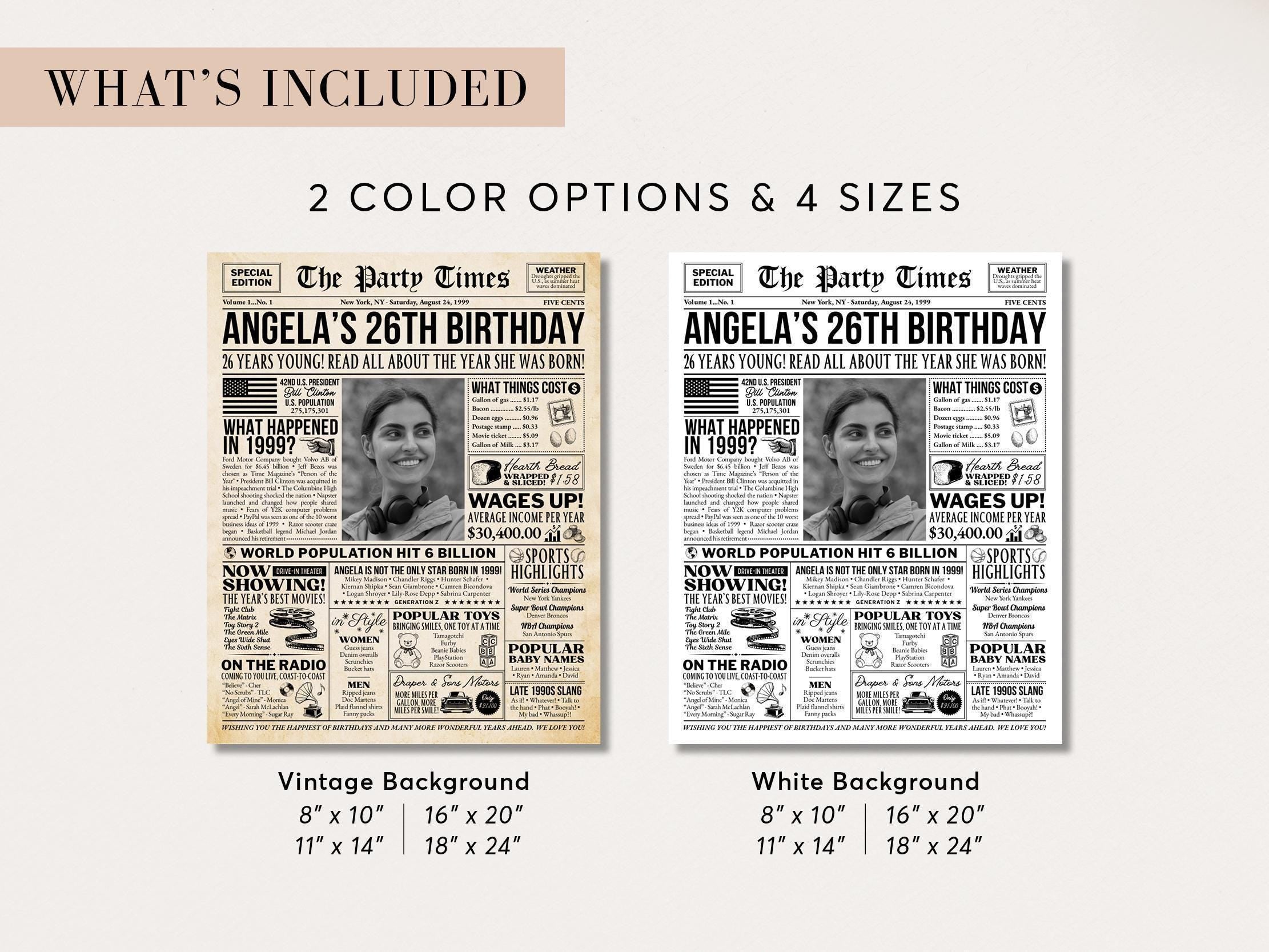 26th Birthday Newspaper Poster Sign, Back in 1999 USA Fun Facts Party Sign, Editable Vintage Style Birthday Decoration, Edit With Canva
