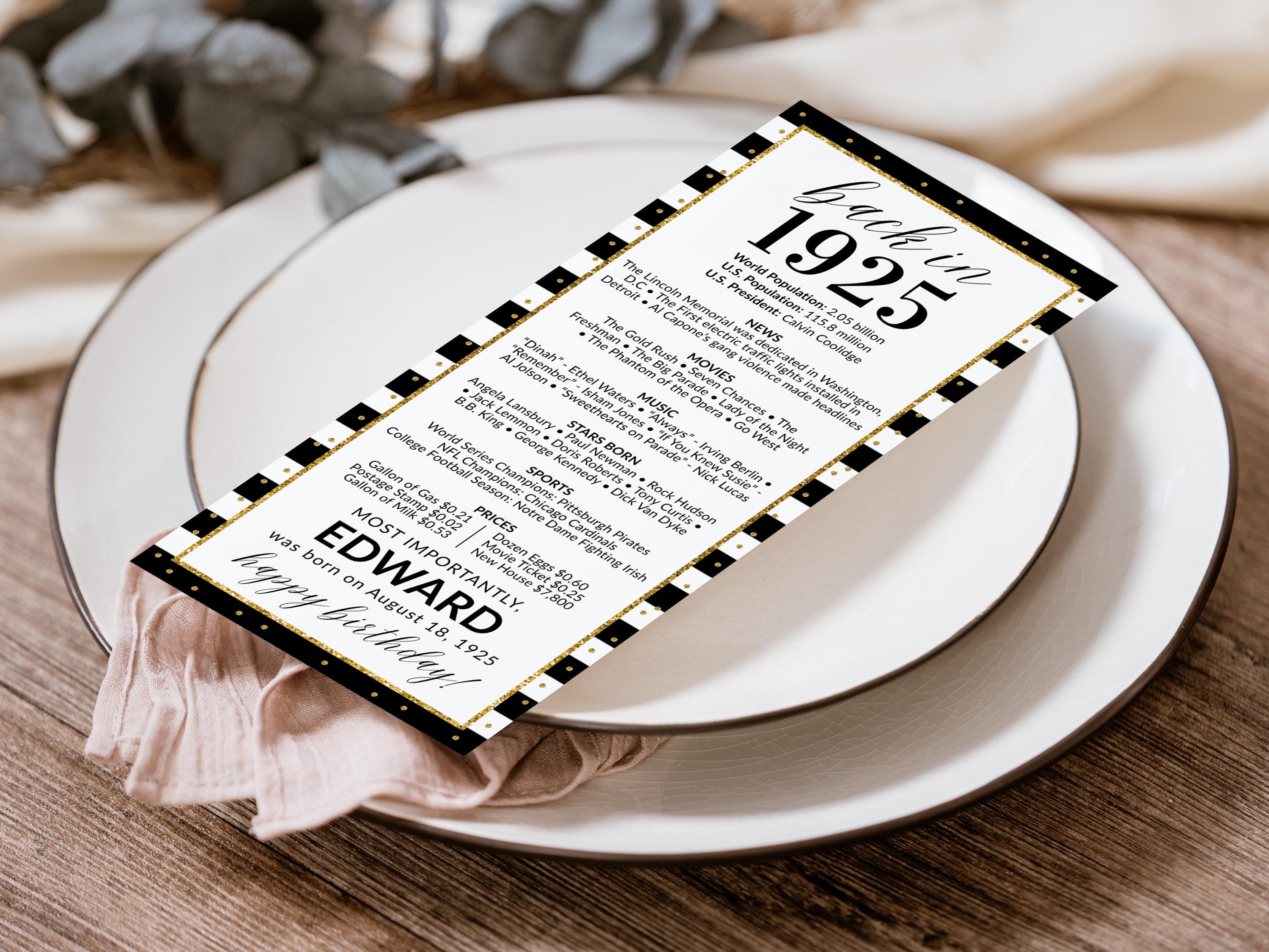 100th Birthday Place Cards, Editable Back In 1925 Party Decorations, 100th Milestone Birthday Trivia Table Cards Printable, Edit With Canva