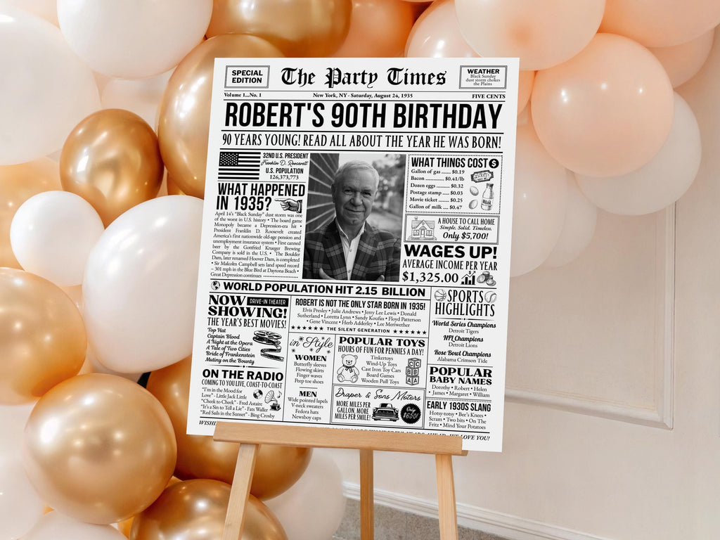 90th Birthday Newspaper Poster Sign, Born In 1935 Birthday Milestone Gift For Seniors, Editable Party Decorations Printable, Edit With Canva