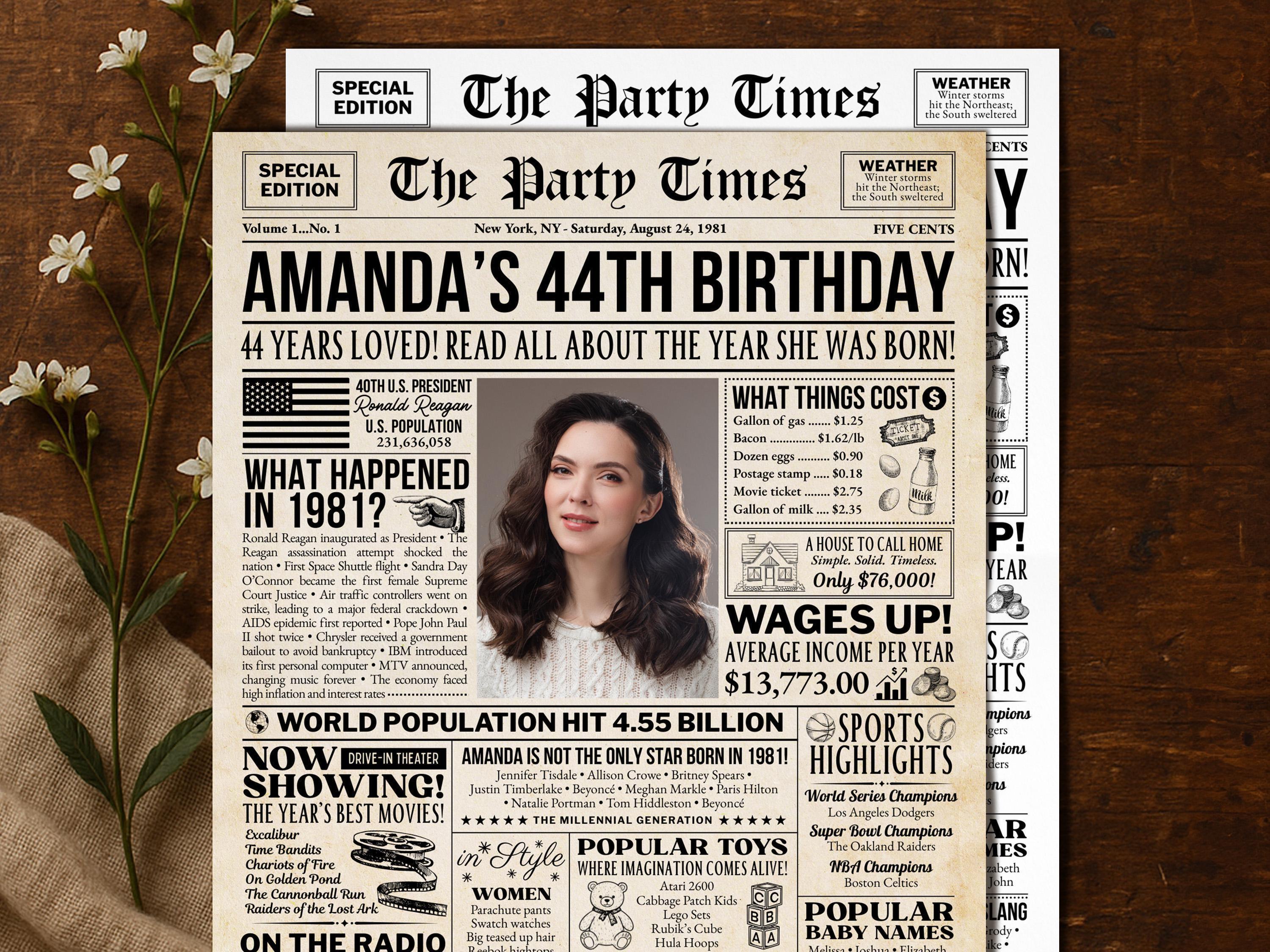44th Birthday Newspaper Poster, Back In 1981 Party Welcome Decoration Sign, Editable 44 Years Loved Any Age Printable, Edit With Canva