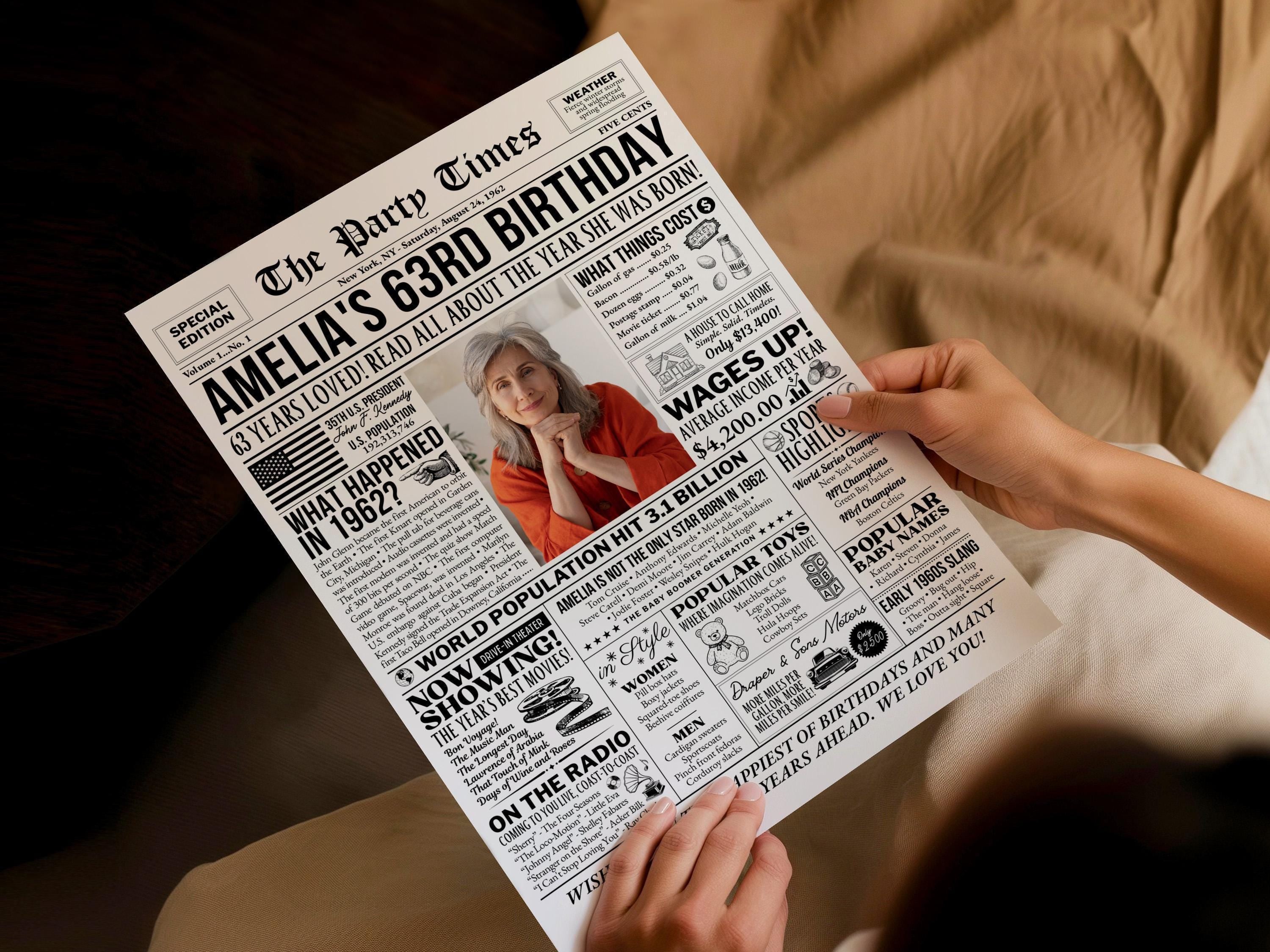 63rd Birthday Newspaper Poster Sign, Back In 1962 Retro Party Decorations, Editable Custom Year You Were Born Printable, Edit With Canva