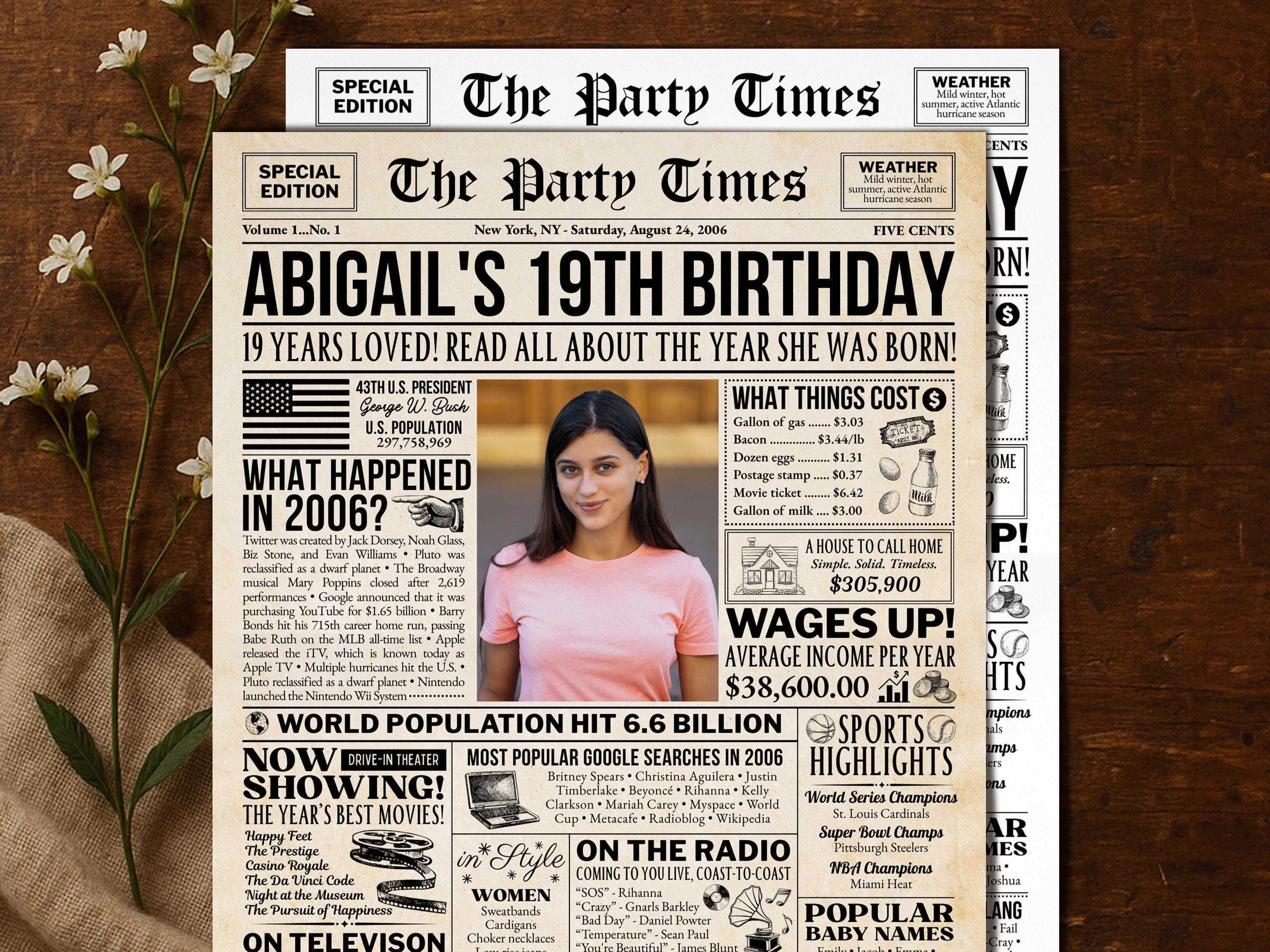 19th Birthday Newspaper Poster, Flashback to 2006, Year You Were Born, 19th Birthday Photo Welcome Trivia Sign Printable, Edit With Canva