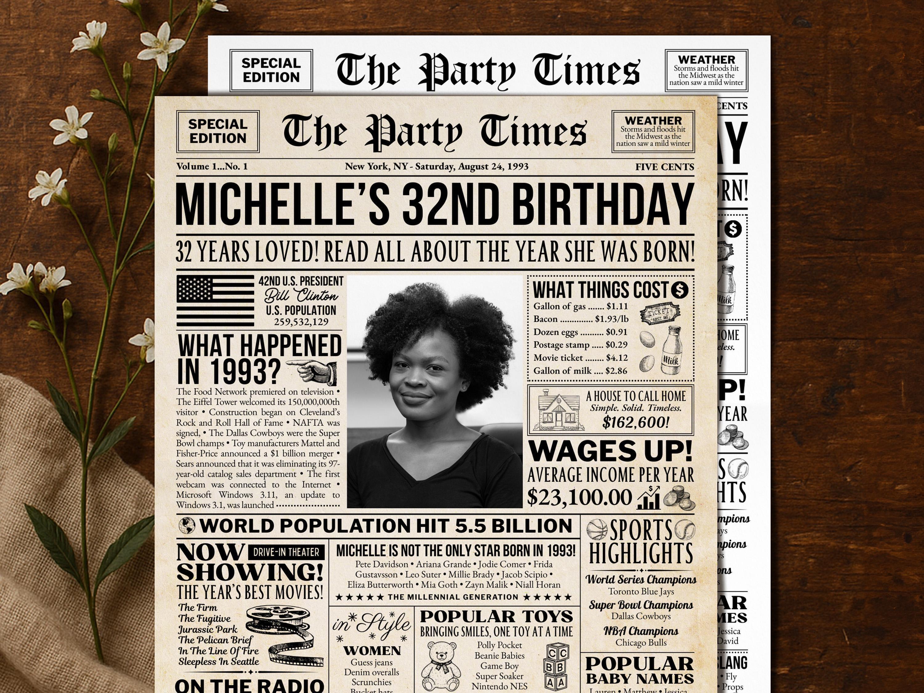 32nd Birthday Newspaper Sign, Back In 1993 Vintage Poster, Personalized Birthday Decor, 1993 Facts Print, Edit With Canva