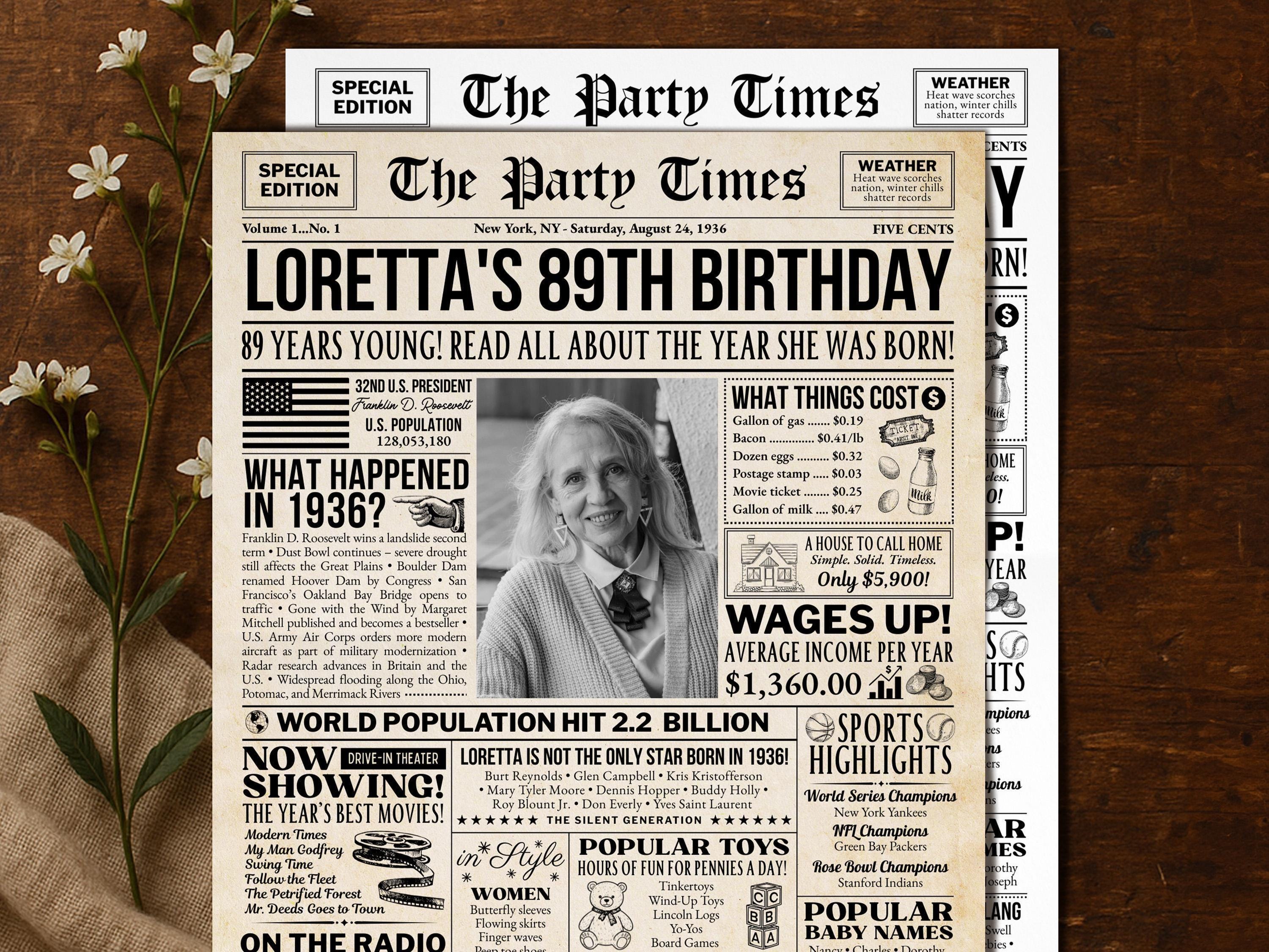 89th Birthday Gift, Born In 1936 Newspaper Poster, Editable Vintage Retro Birthday Sign, Personalized Gift For Grandparent, Edit With Canva