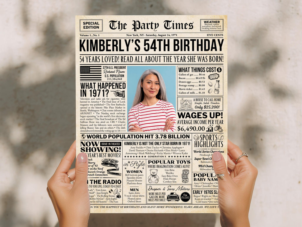 54th Birthday Welcome Celebration Sign, Back in 1971 Newspaper Poster, Editable Personalized Born In Any Year Printable , Edit With Canva