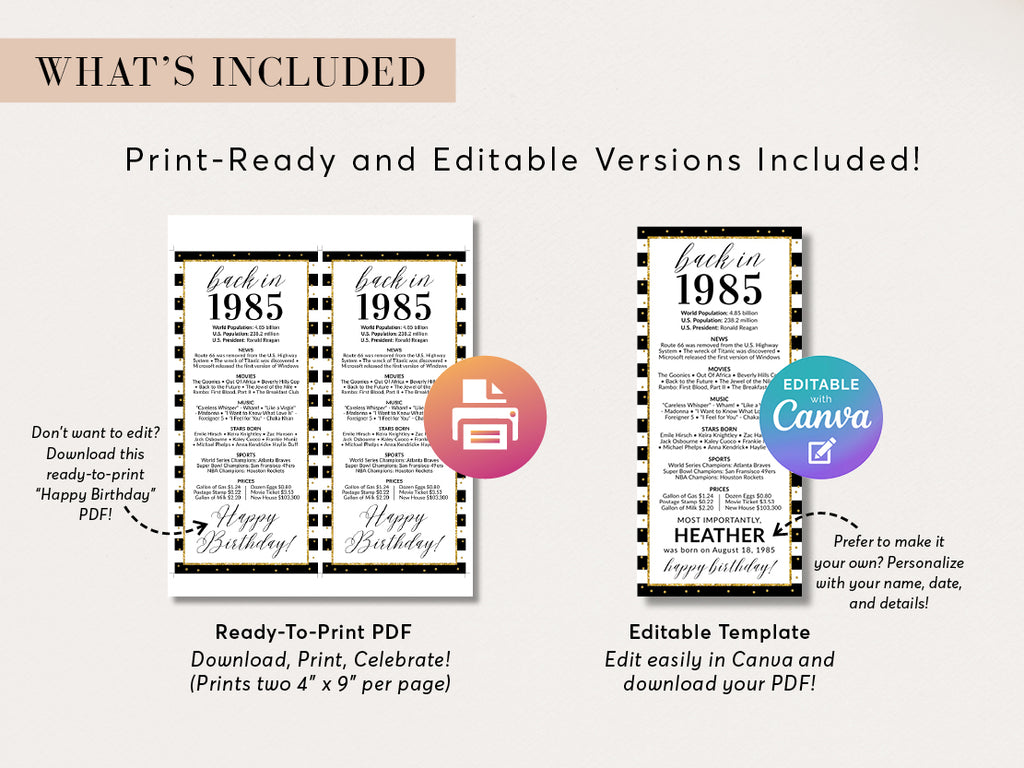 40th Birthday Place Cards, Editable Back In 1985 Party Decorations, 40th Milestone Birthday Trivia Table Cards Printable, Edit With Canva